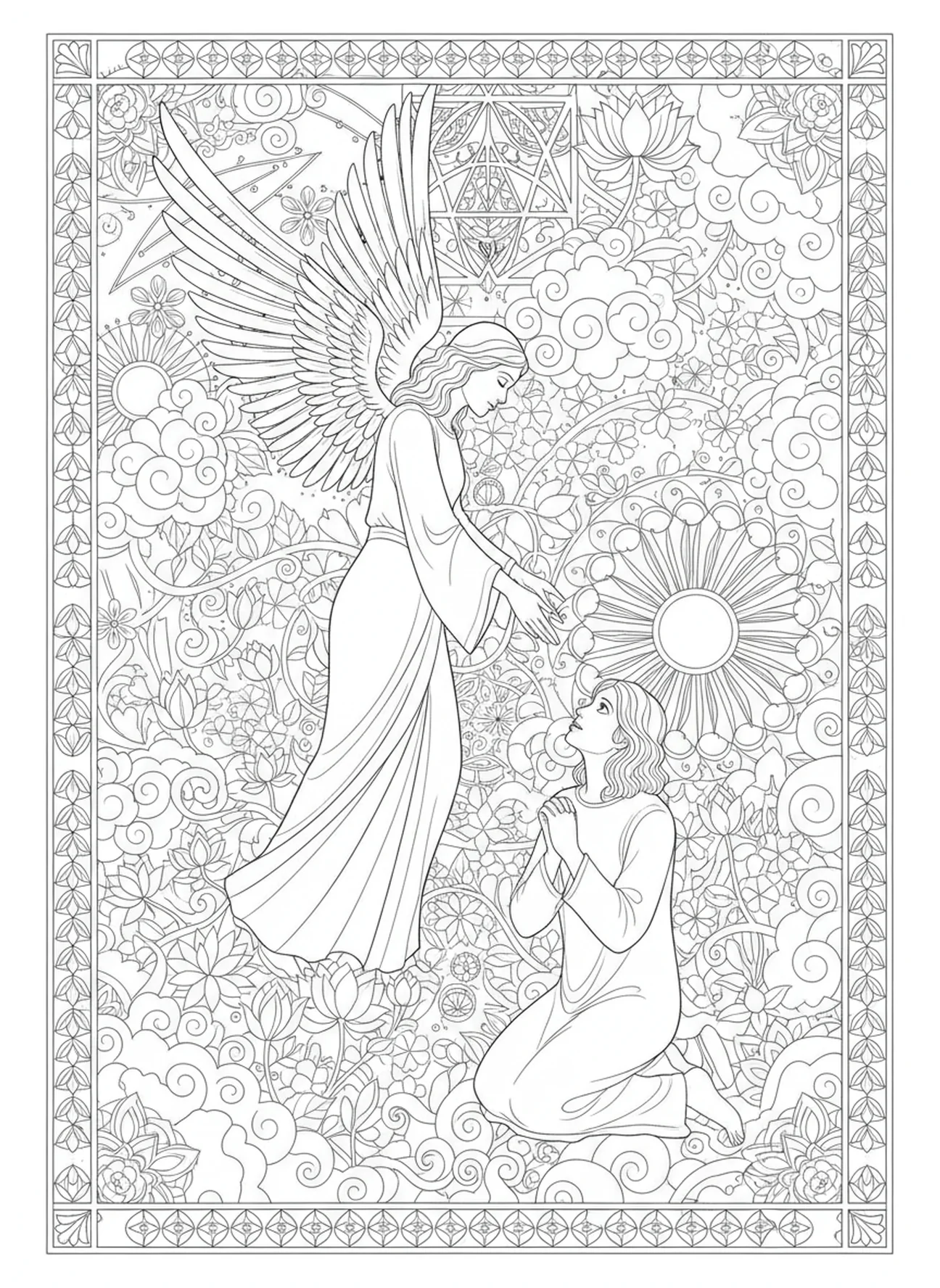 Figura angelical extendiendo la mano, página para colorear Salmo 103 en estilo de journaling bíblico para adultos.