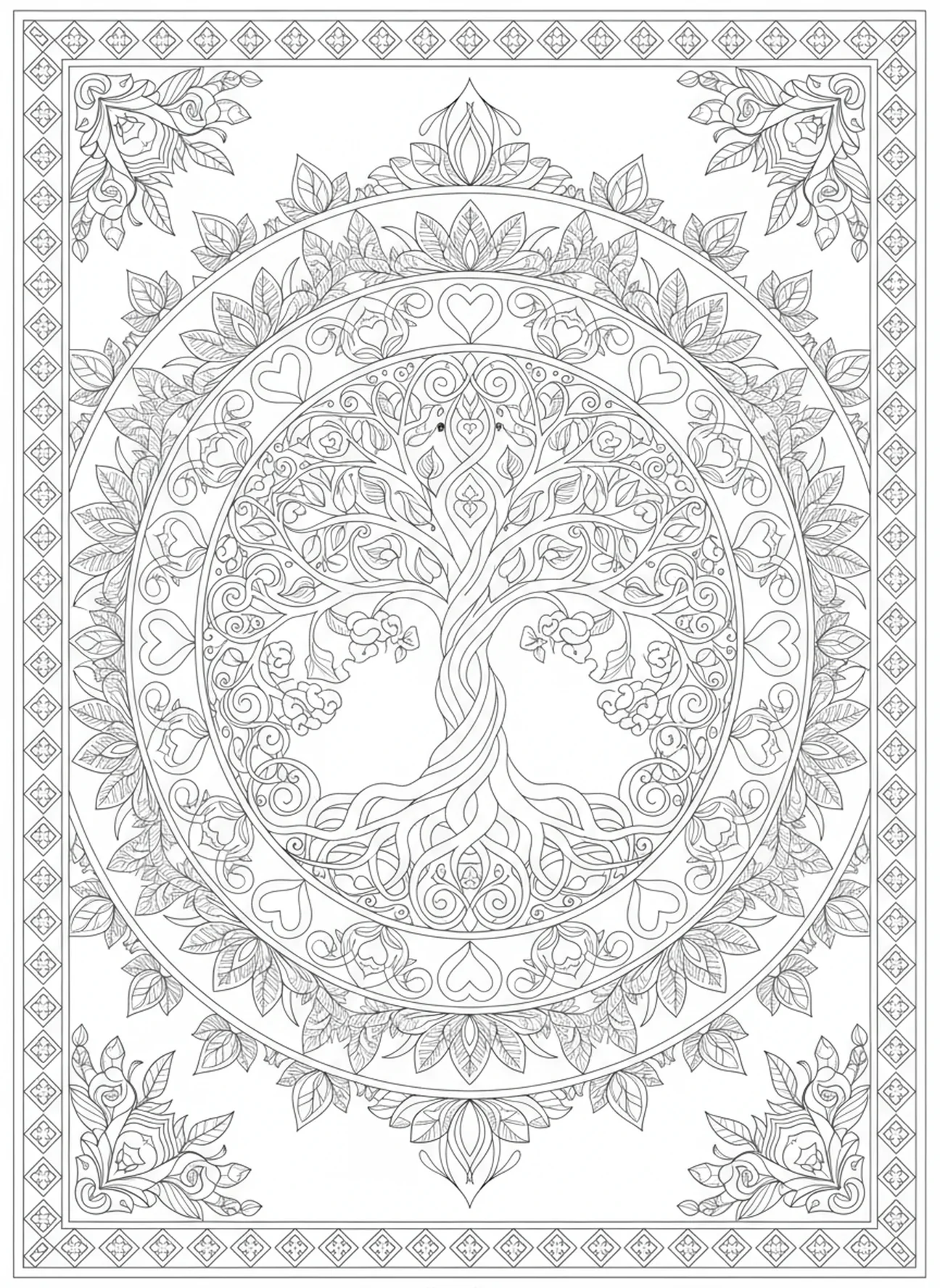 Árbol de la vida simbolizando el amor eterno, página para colorear Salmo 103 en estilo de journaling bíblico para adultos.