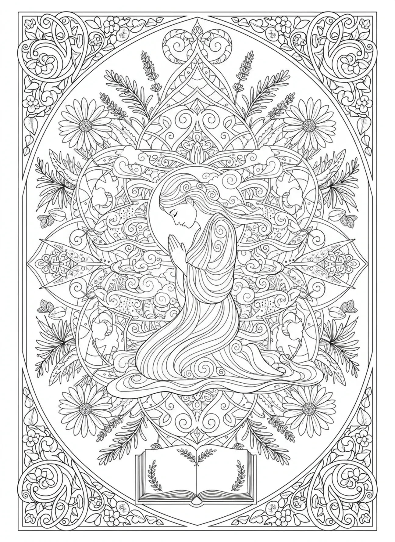 Persona arrodillada en oración, página para colorear del Salmo 103 estilo journaling bíblico para adultos.