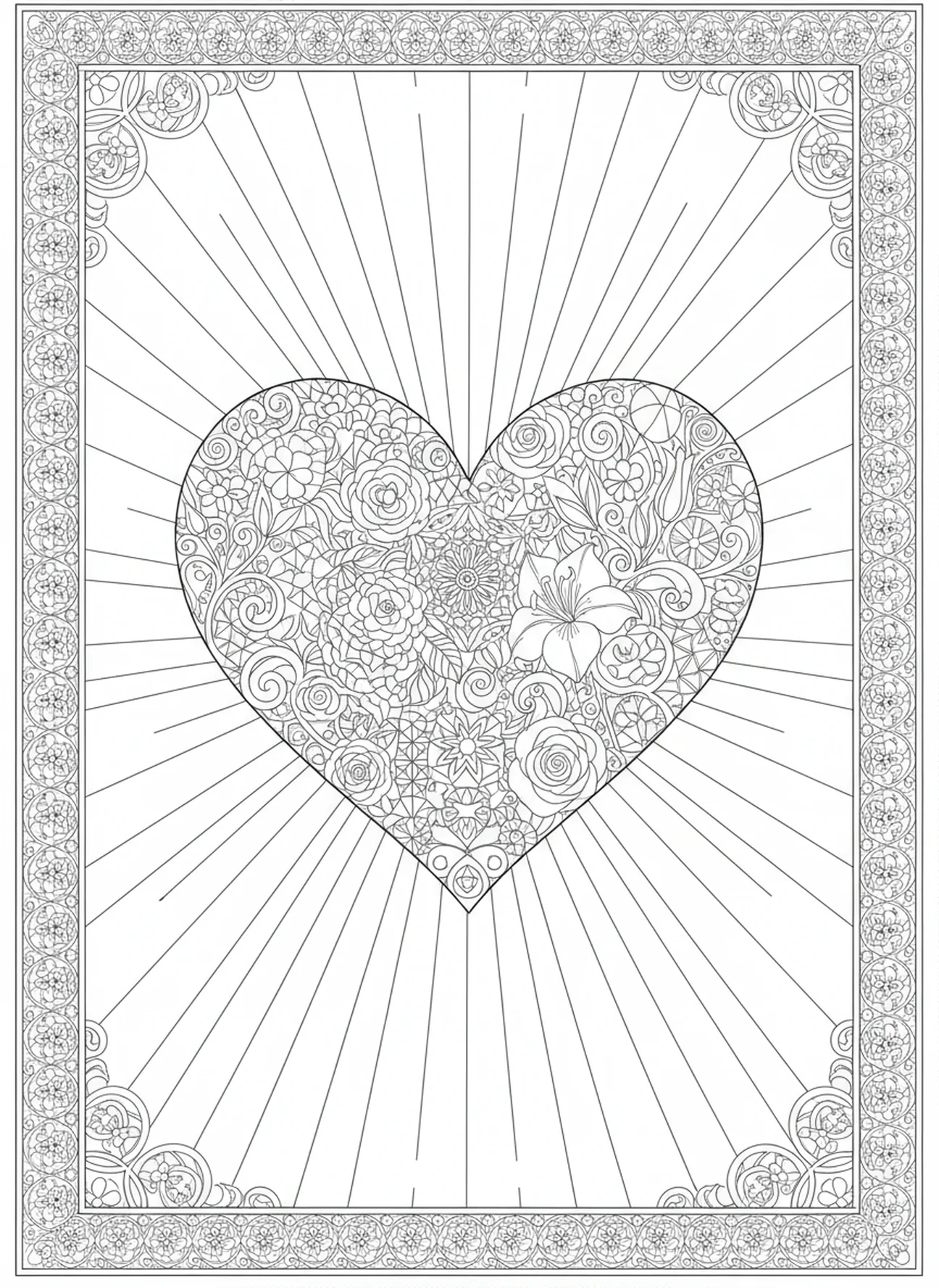 Corazón rodeado de rayos de luz, página para colorear del Salmo 103 en estilo de journaling bíblico para adultos.