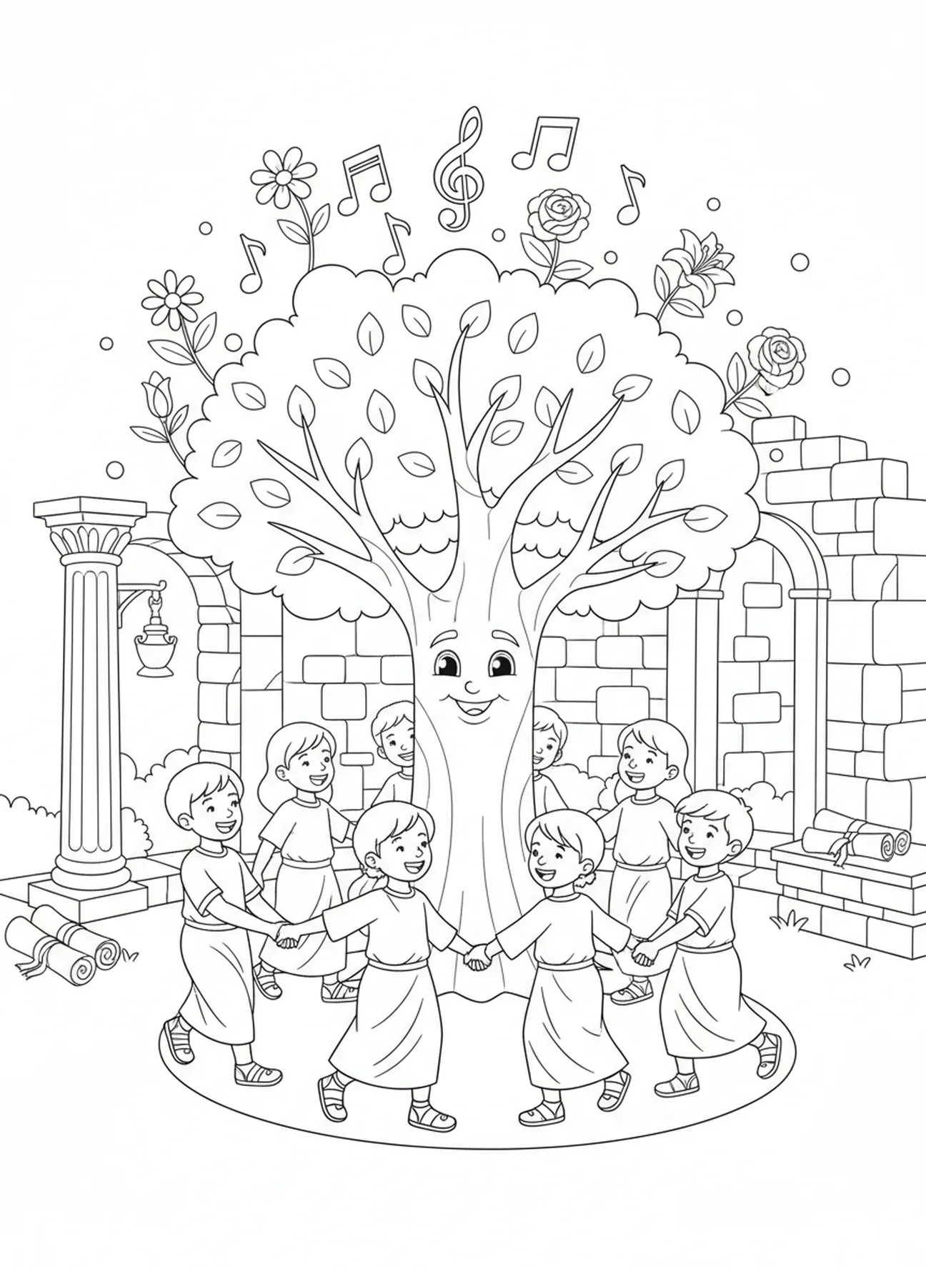 Crianças cantando e dançando, página de colorir do Salmo 103 para crianças da Escola Dominical de 5 a 12 anos.