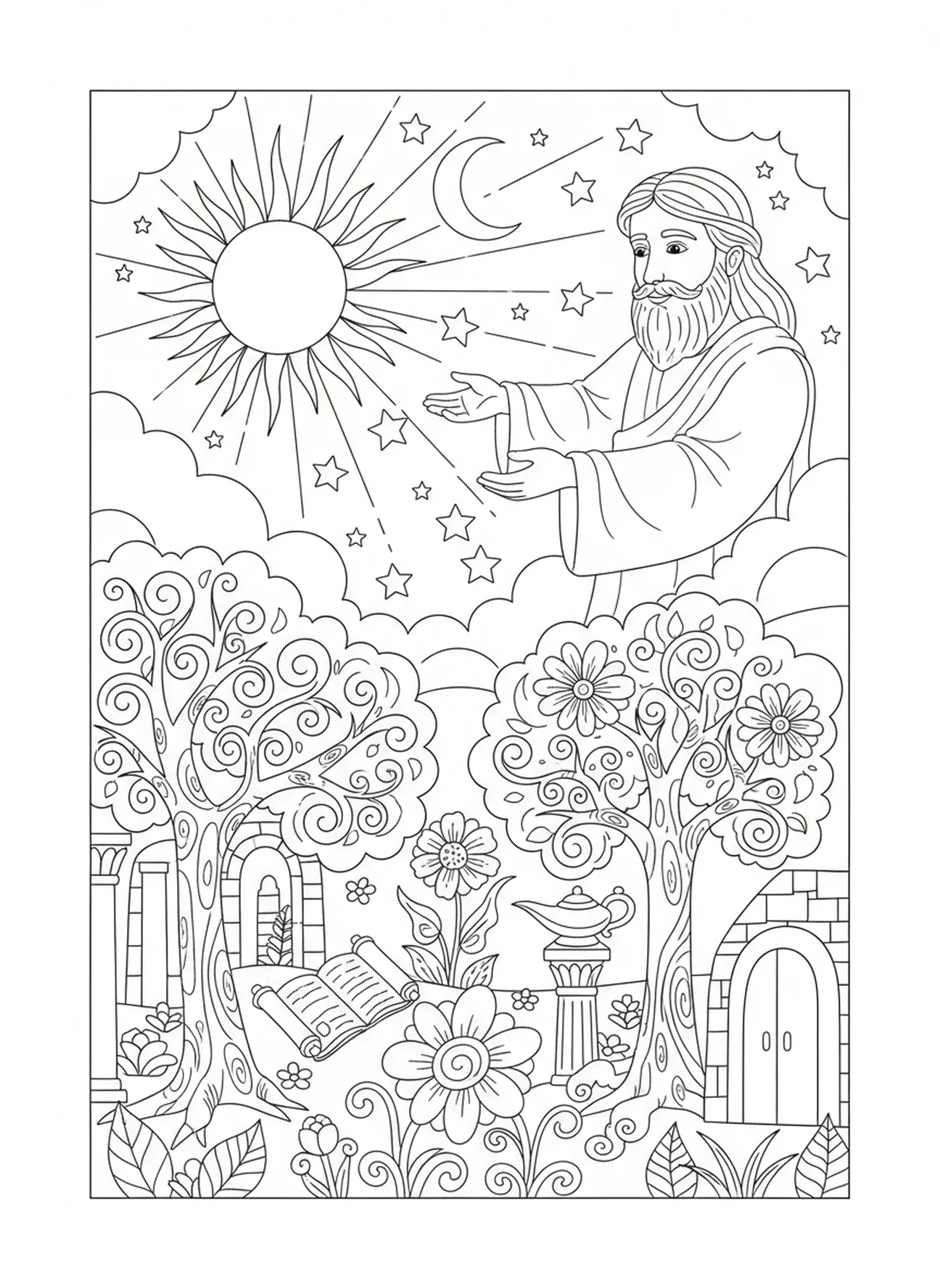 Deus criando o sol e a lua, página de colorir do Salmo 103 para crianças da Escola Dominical de 5 a 12 anos.