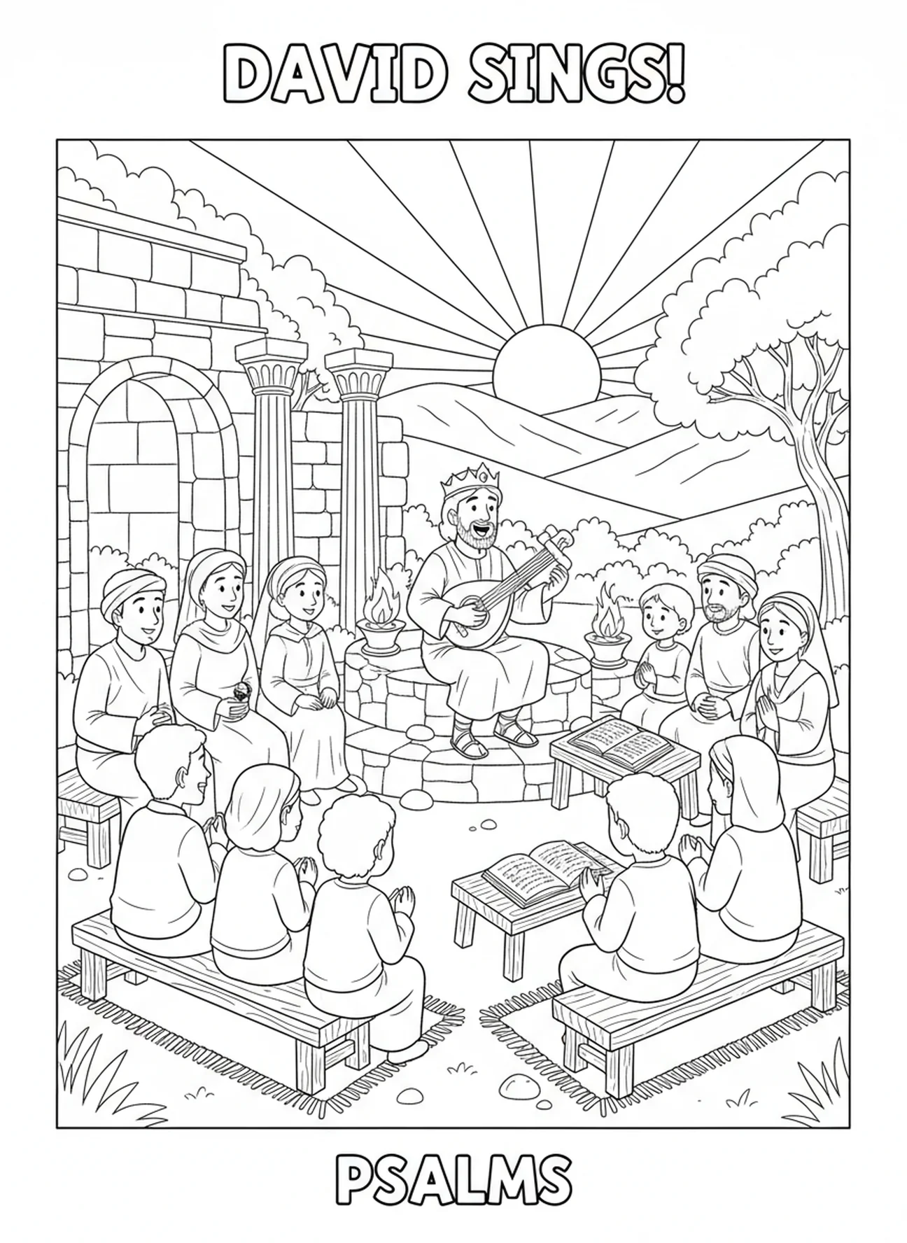 Grupo de pessoas ouvindo Davi, página para colorir do Salmo 103 para crianças da Escola Dominical de 5 a 12 anos.