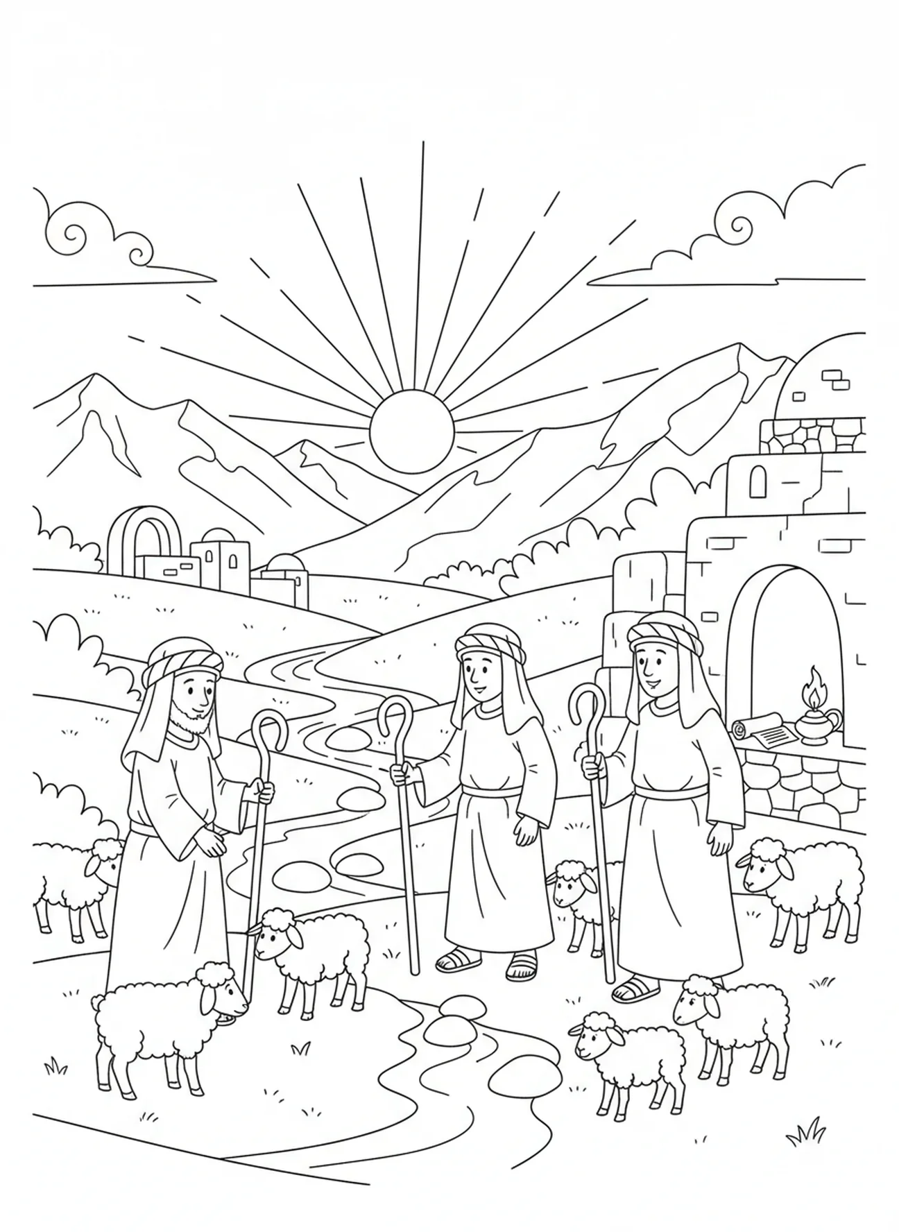 Pastores cuidando de ovelhas, página para colorir do Salmo 103 para crianças da Escola Dominical de 5 a 12 anos.