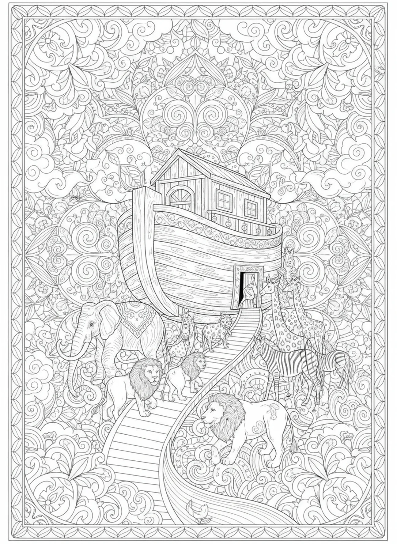 Paires d'animaux montant à bord de l'arche, page à colorier pour adultes inspirée du Psaume 118:14.