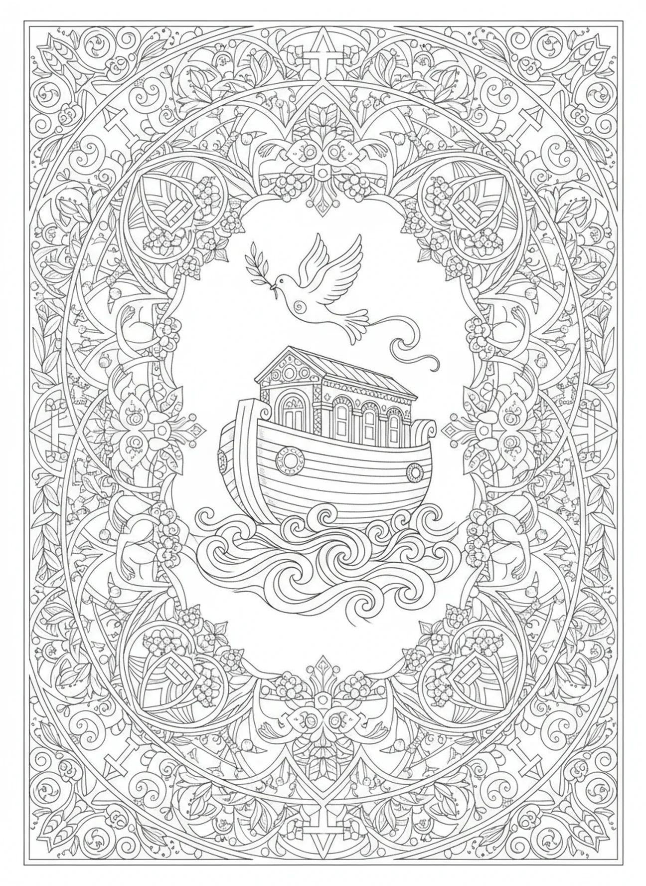Colombe revenant avec une branche d'olivier, page à colorier pour adultes dans le style du journal biblique, Psaume 118:14.