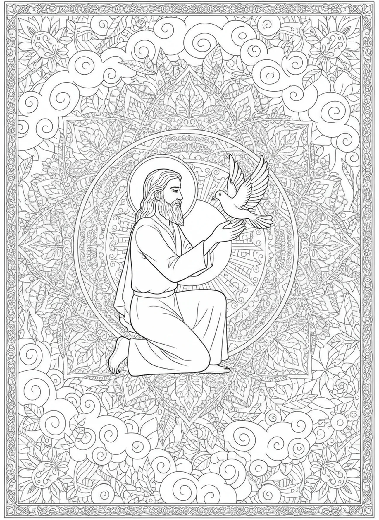 Noé libérant une colombe, page à colorier pour adultes inspirée du Psaume 118:14.