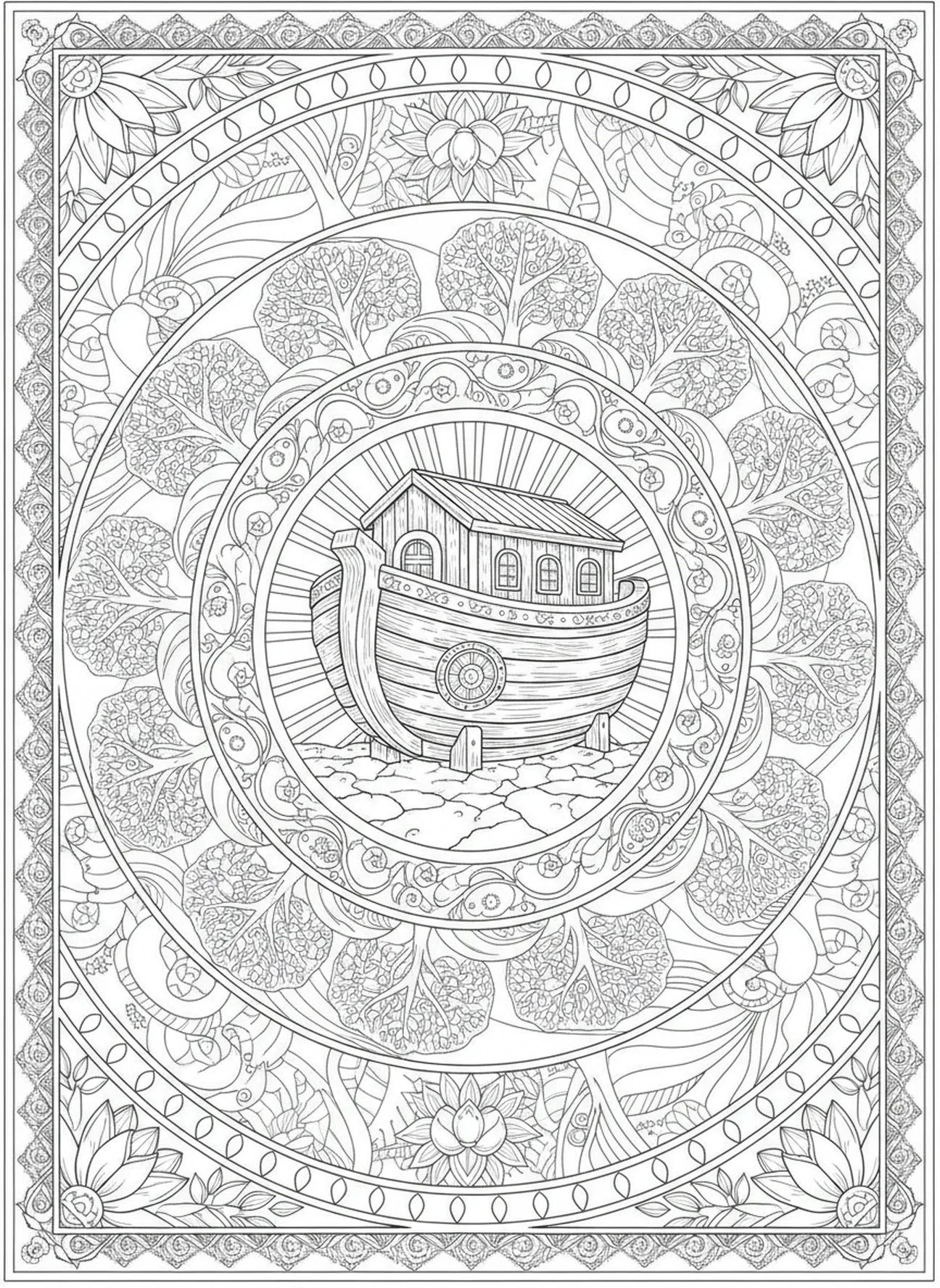L'arche atterrissant sur un sol sec, page à colorier pour adultes inspirée du Psaume 118:14, style de journal biblique.
