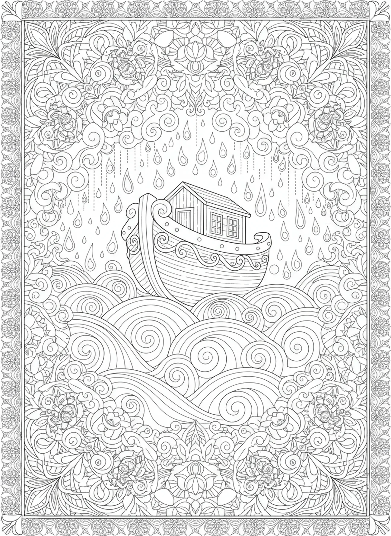 L'arche à flot sous la pluie, page à colorier pour adultes inspirée de Psaume 118:14, style de journal biblique.
