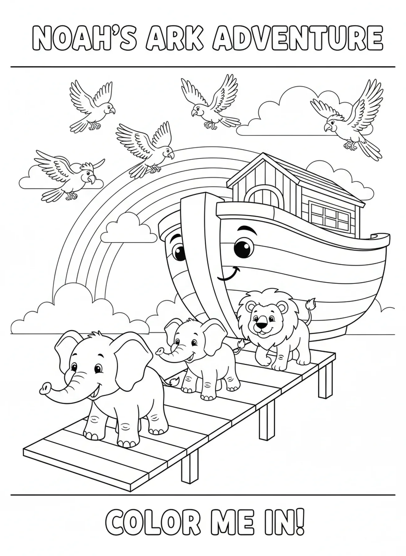 Ein Paar Elefanten betritt die Arche, Ausmalbild zu Psalm 118,14 für Kinder im Alter von 5-10 Jahren.