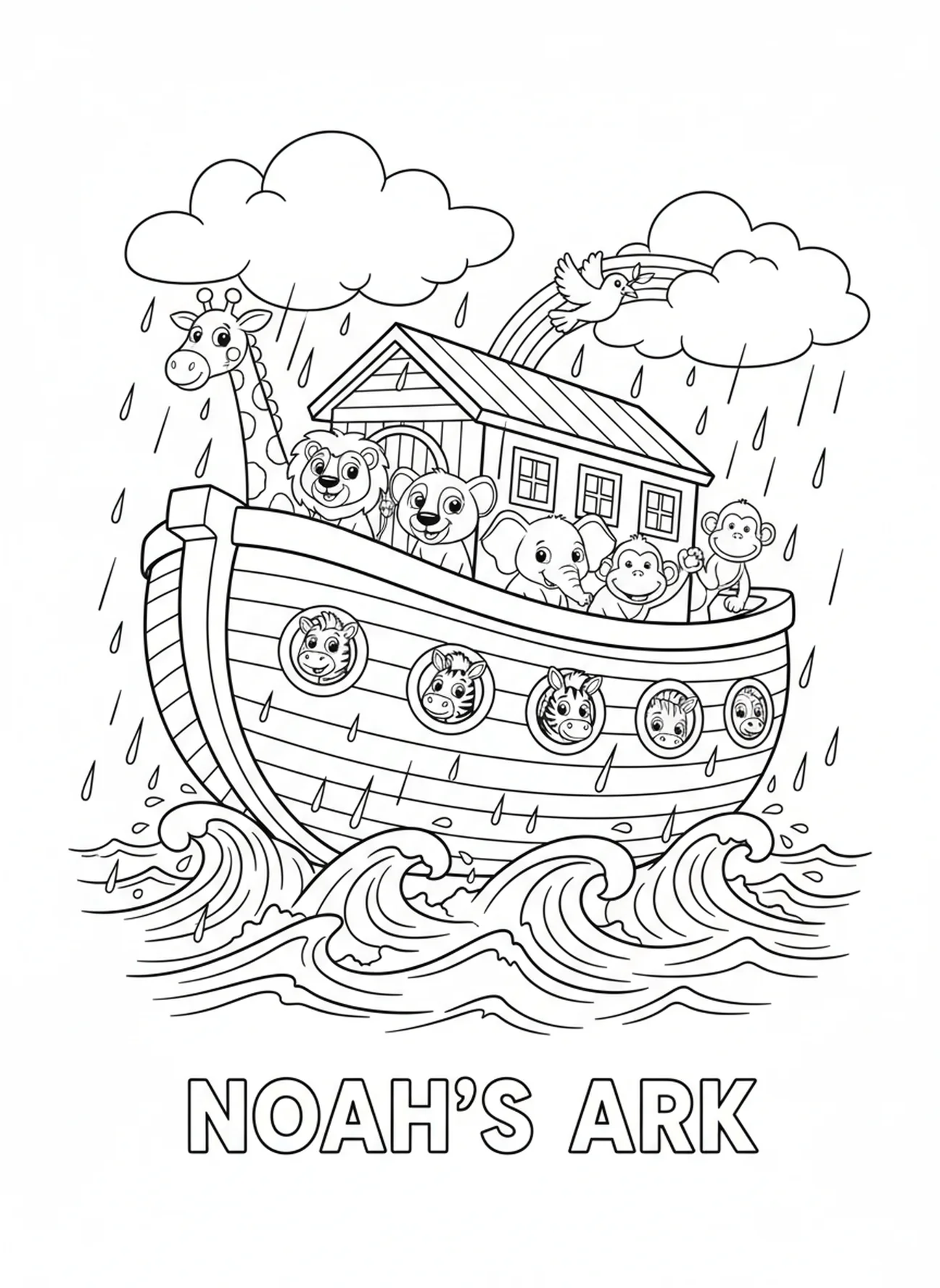 Noahs Arche, die auf dem Wasser schwimmt, Ausmalbild für Kinder im Alter von 5-10 Jahren, Psalm 118,14.