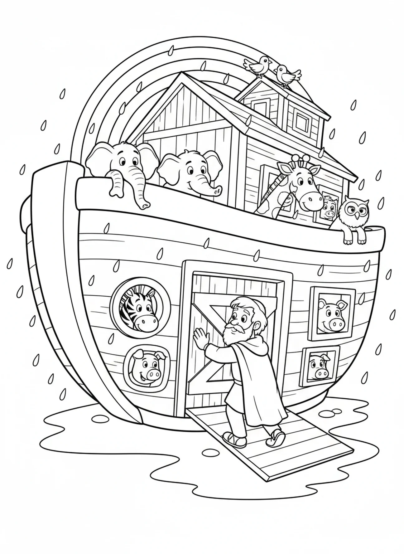 Noah schließt die Tür der Arche, Ausmalbild Psalm 118,14 für Kinder im Alter von 5-10 Jahren.