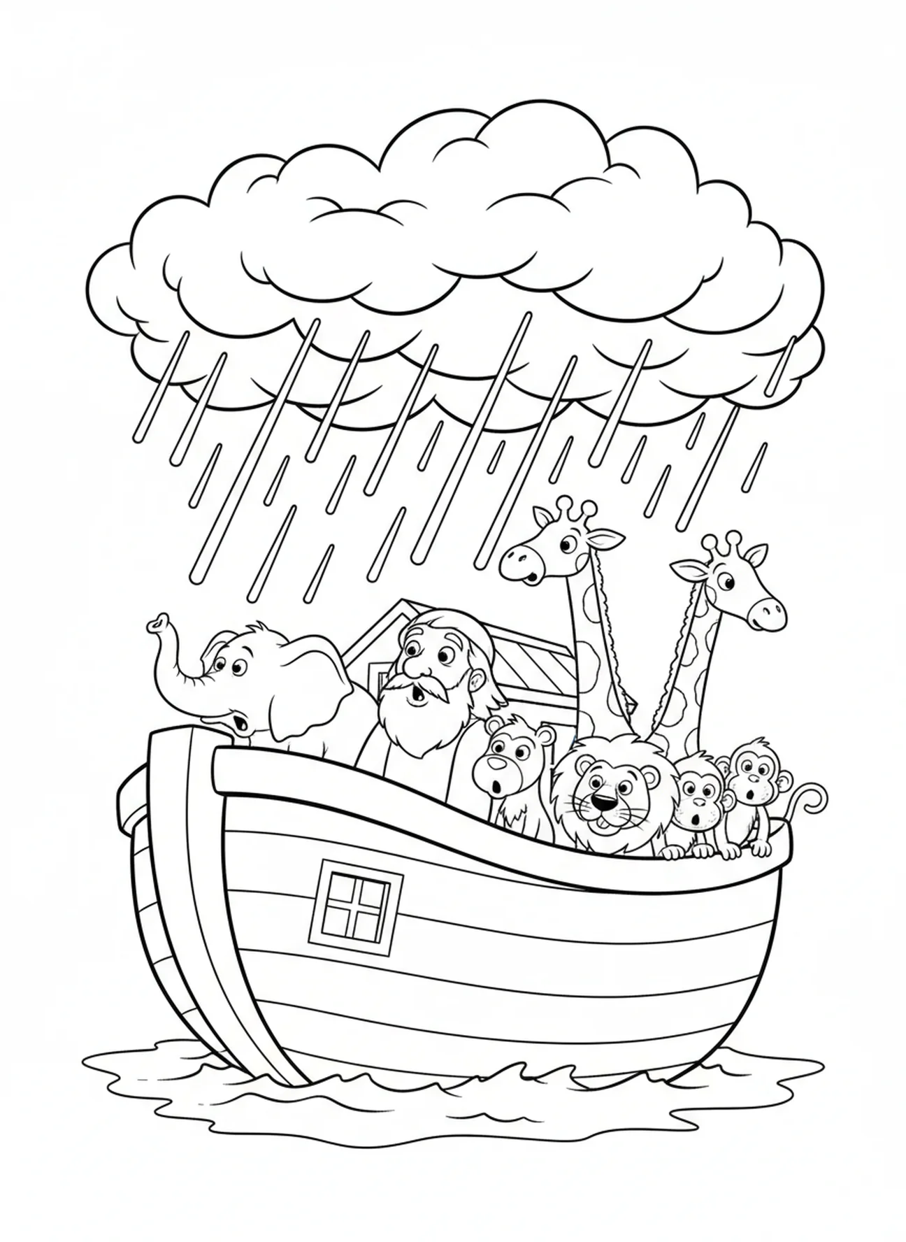 Noah und Tiere überrascht vom Regen, Ausmalbild Psalm 118, 14 für Kinder im Alter von 5-10 Jahren.