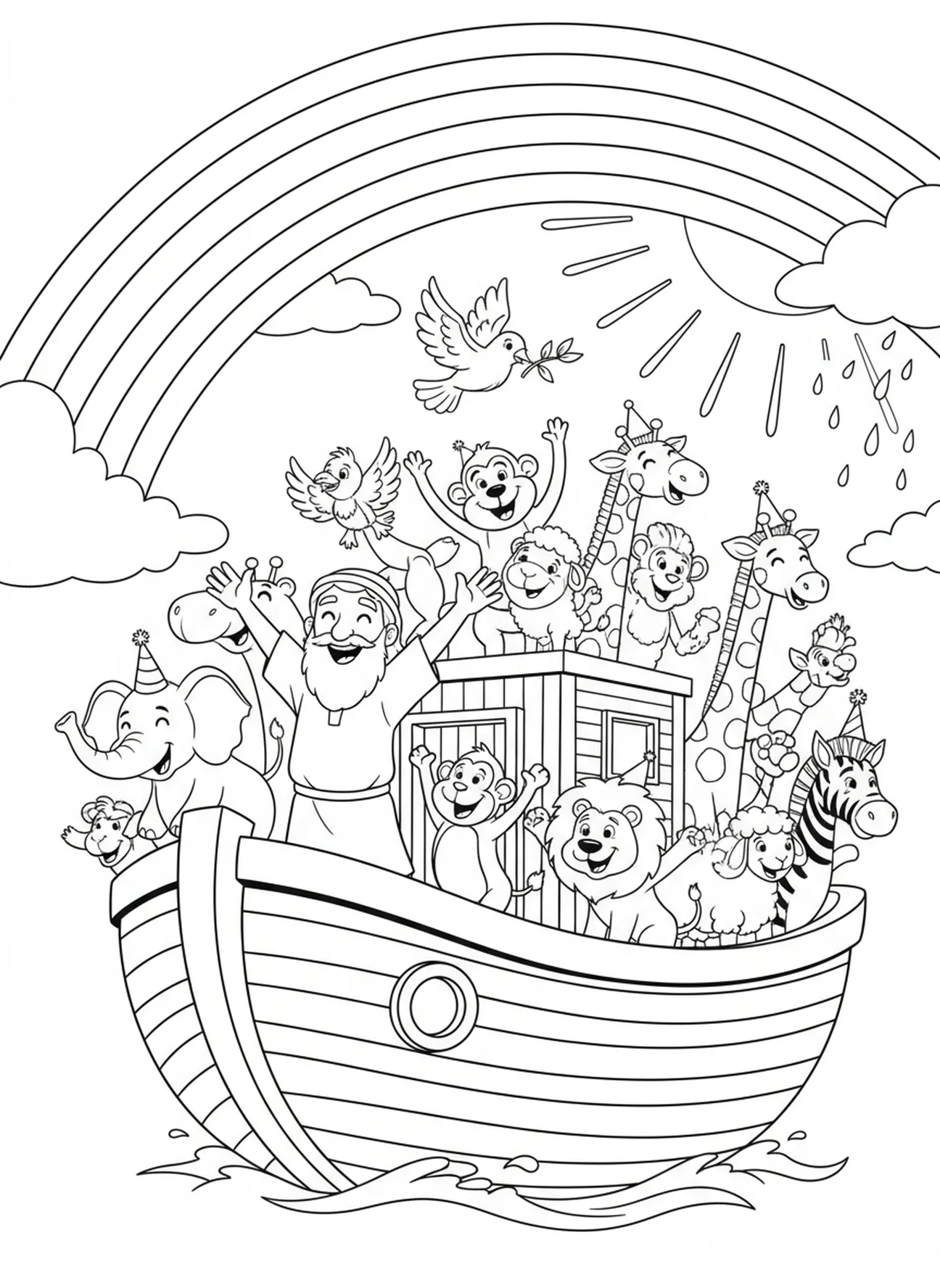 Noah und die Tiere jubeln beim Regenbogen, Ausmalbild zu Psalm 118,14 für Kinder im Alter von 5-10 Jahren.