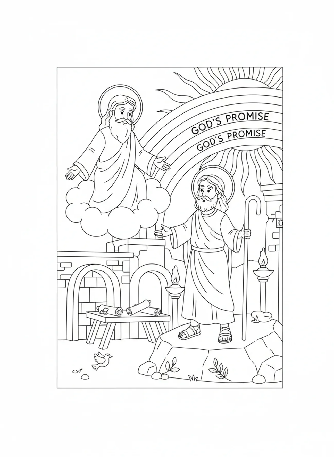 Dios hablando a Noé con un arcoíris, página para colorear Salmo 118:14 para niños de Escuela Dominical de 5 a 12 años.