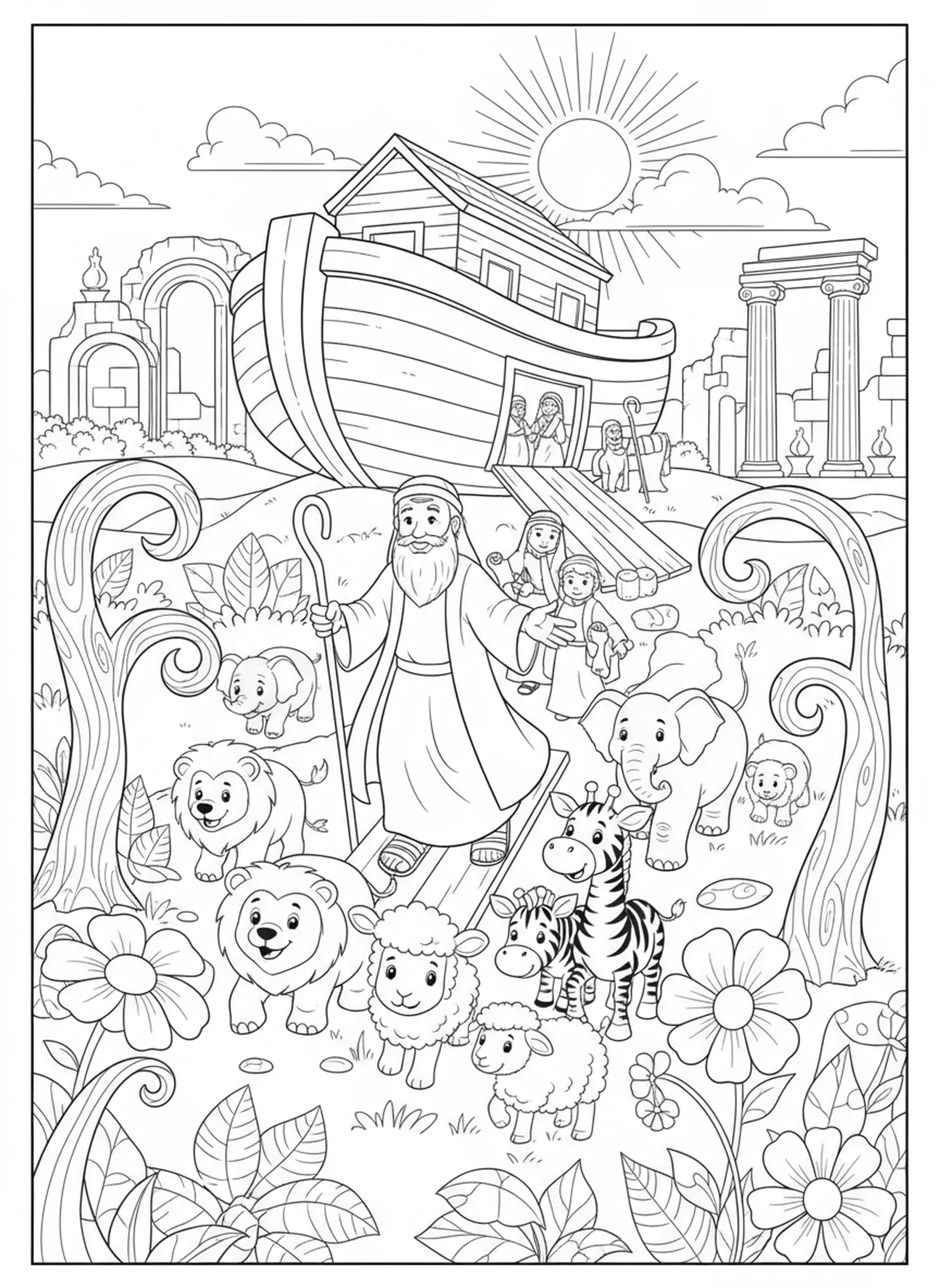 Noé y los animales explorando el nuevo mundo después del diluvio, página para colorear Salmo 118:14 para niños de Escuela Dominical de 5 a 12 años.