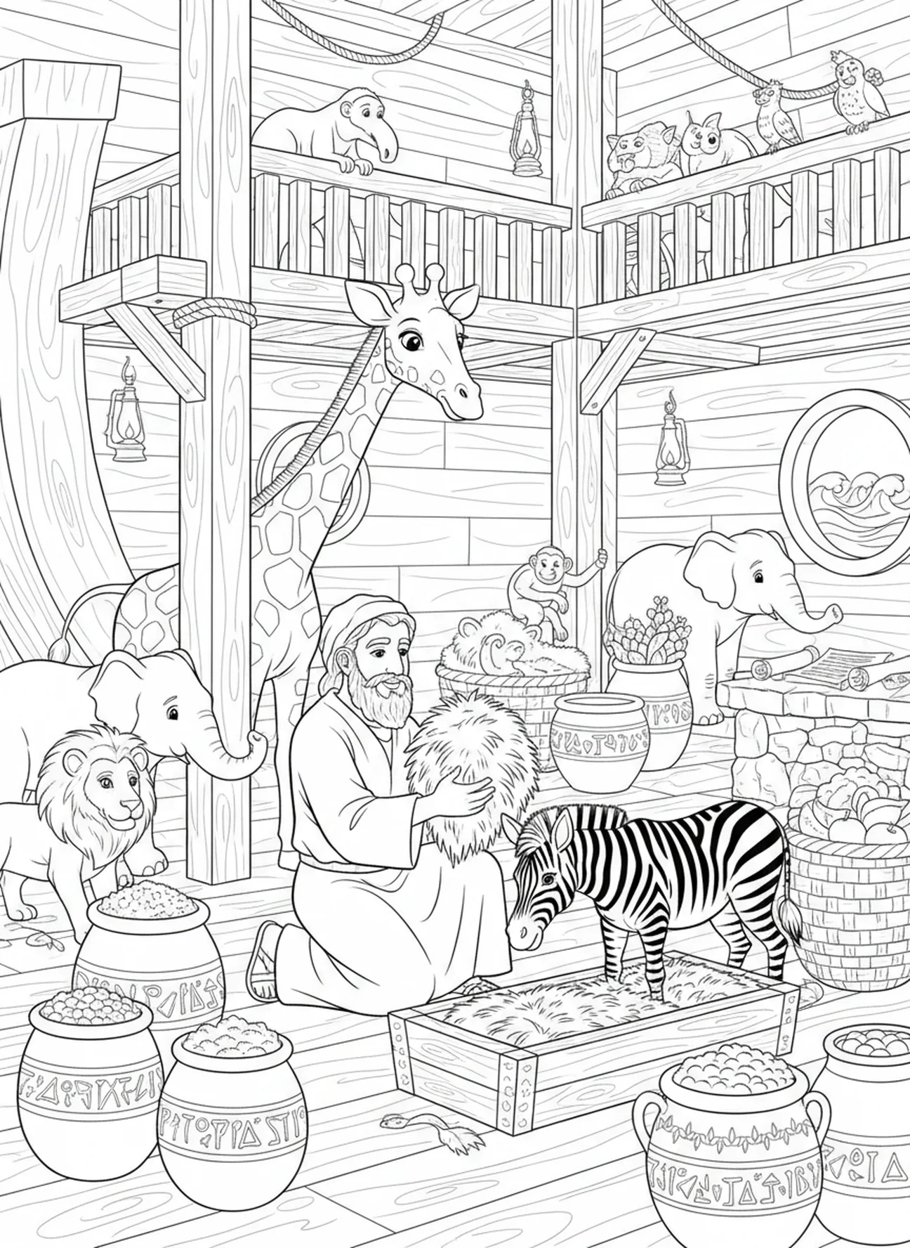 Noé alimentando a los animales en el arca, página para colorear Salmo 118:14 para niños de la Escuela Dominical de 5 a 12 años.