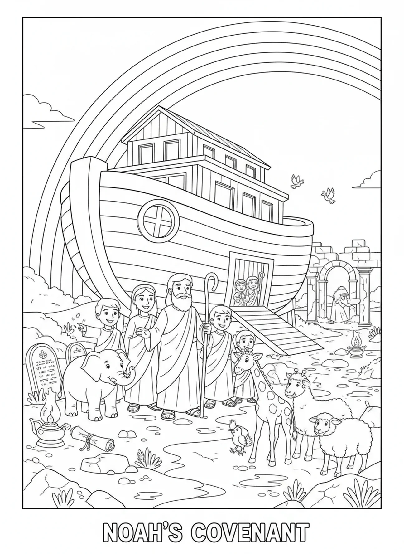 Noé y su familia con el arcoíris después del diluvio, Salmo 118:14 página para colorear para niños de la Escuela Dominical de 5 a 12 años.