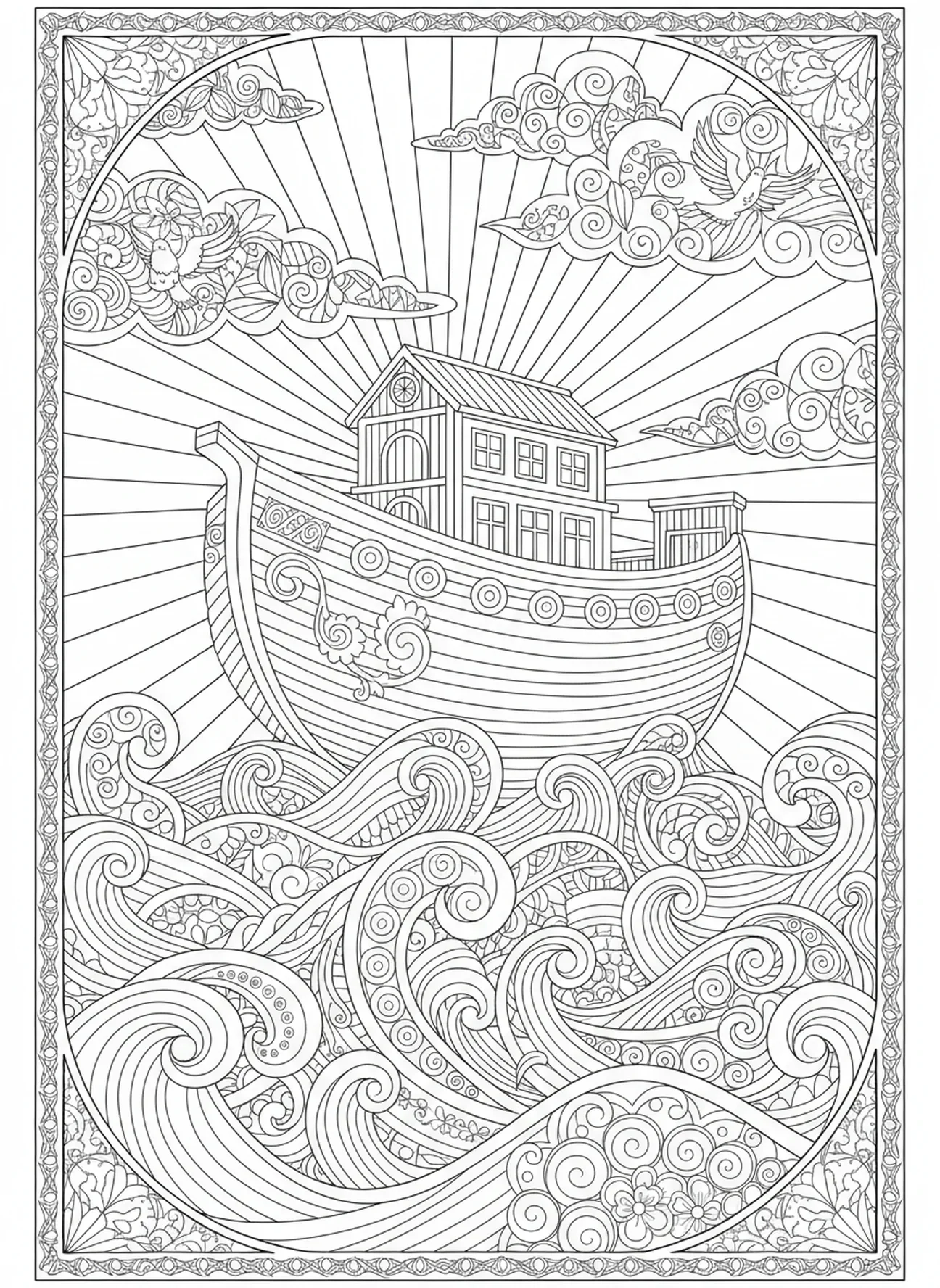 El Arca de Noé navegando, Salmo 118:24 página para colorear estilo journaling bíblico para adultos.