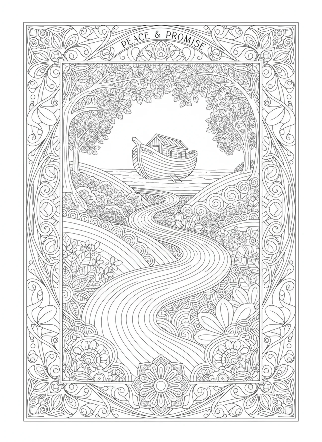 Paisaje sereno, página para colorear Salmo 118:24 en estilo de journaling bíblico para adultos.