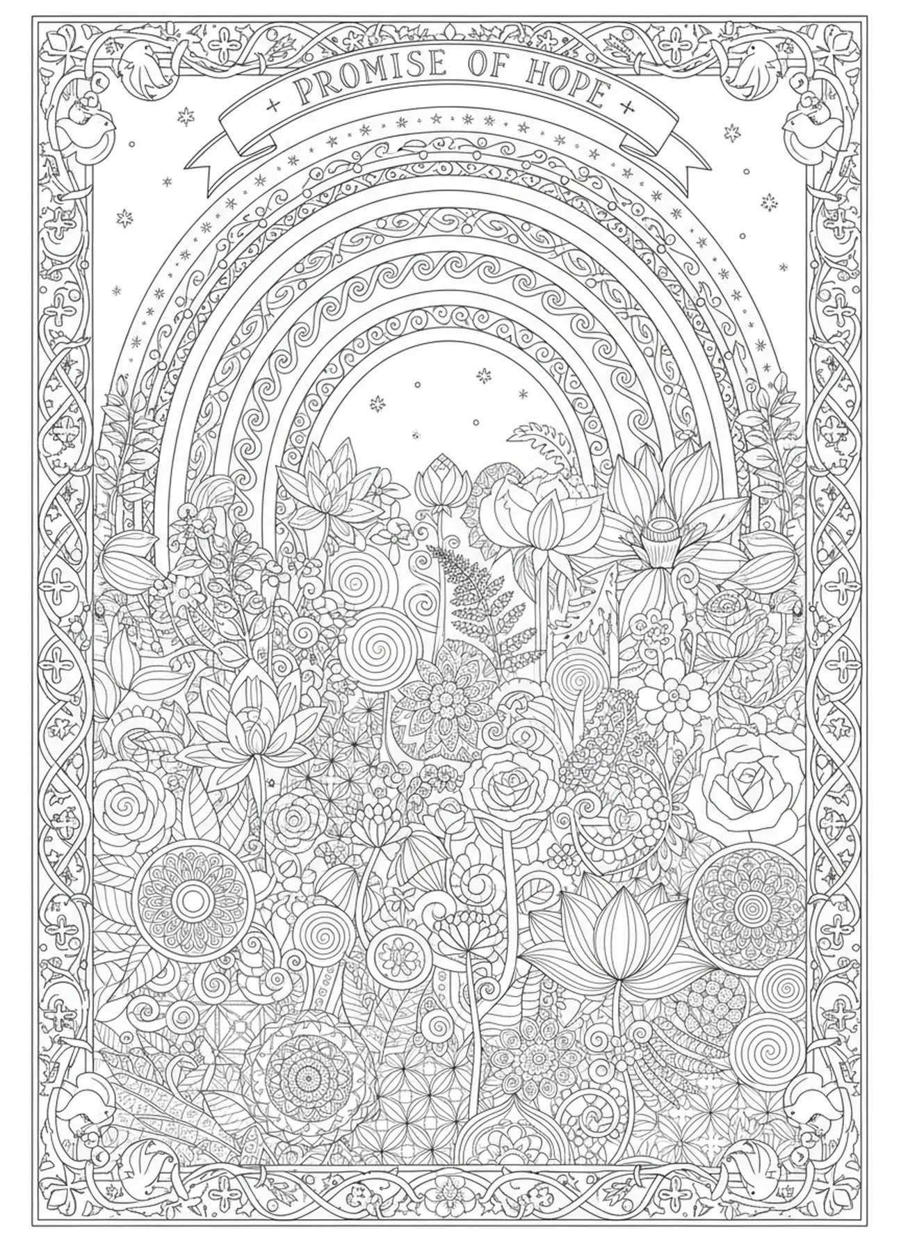 Arcoíris, página para colorear Salmo 118:24 en estilo de journaling bíblico para adultos.