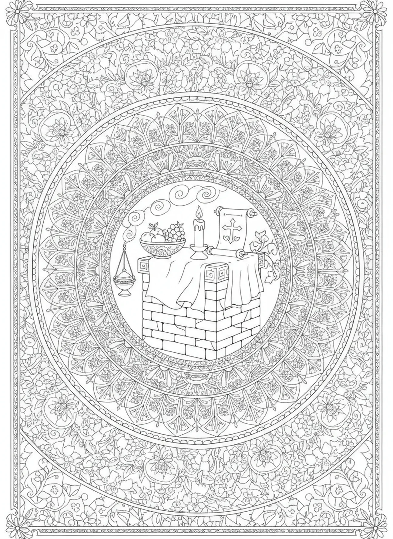 Página para colorear del altar de ofrendas, Salmo 118:24, estilo de journaling bíblico para adultos.