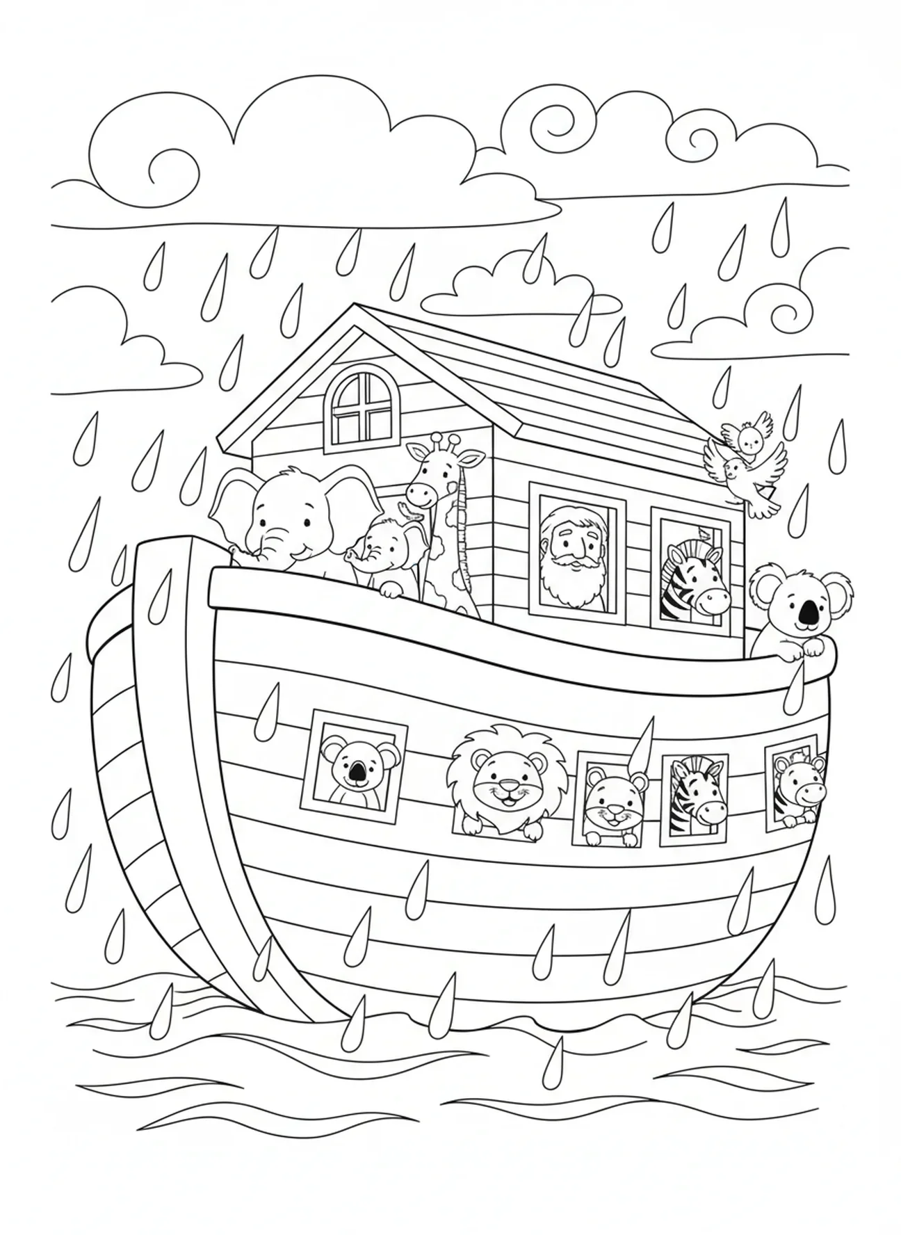 Noah und die Tiere in der Arche, Psalm 118,24 Malvorlage für Kinder im Alter von 5-10 Jahren