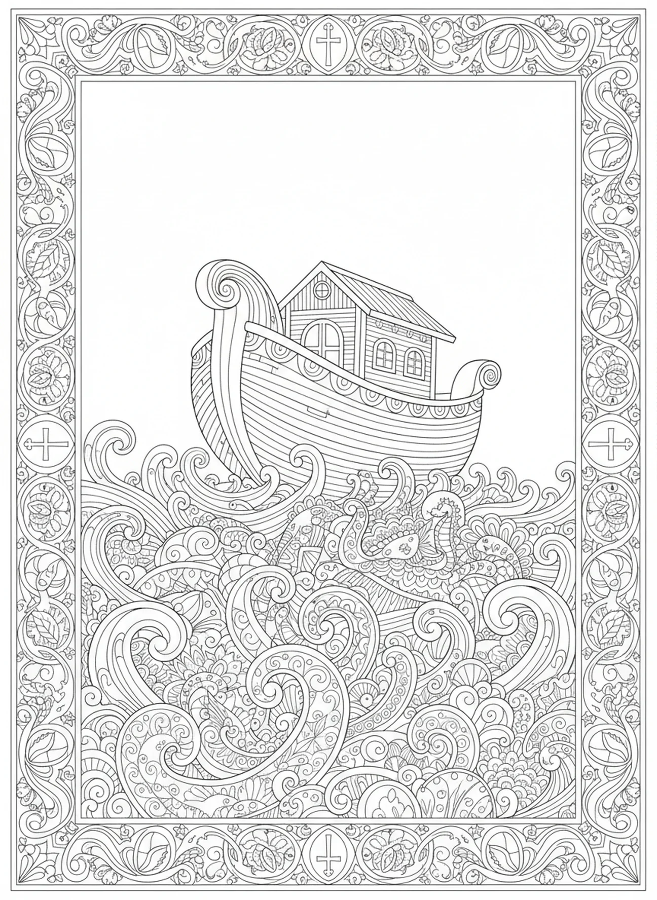 L'arche voguant sur les eaux, page à colorier Psaume 119:105 pour adultes dans un style de journal biblique