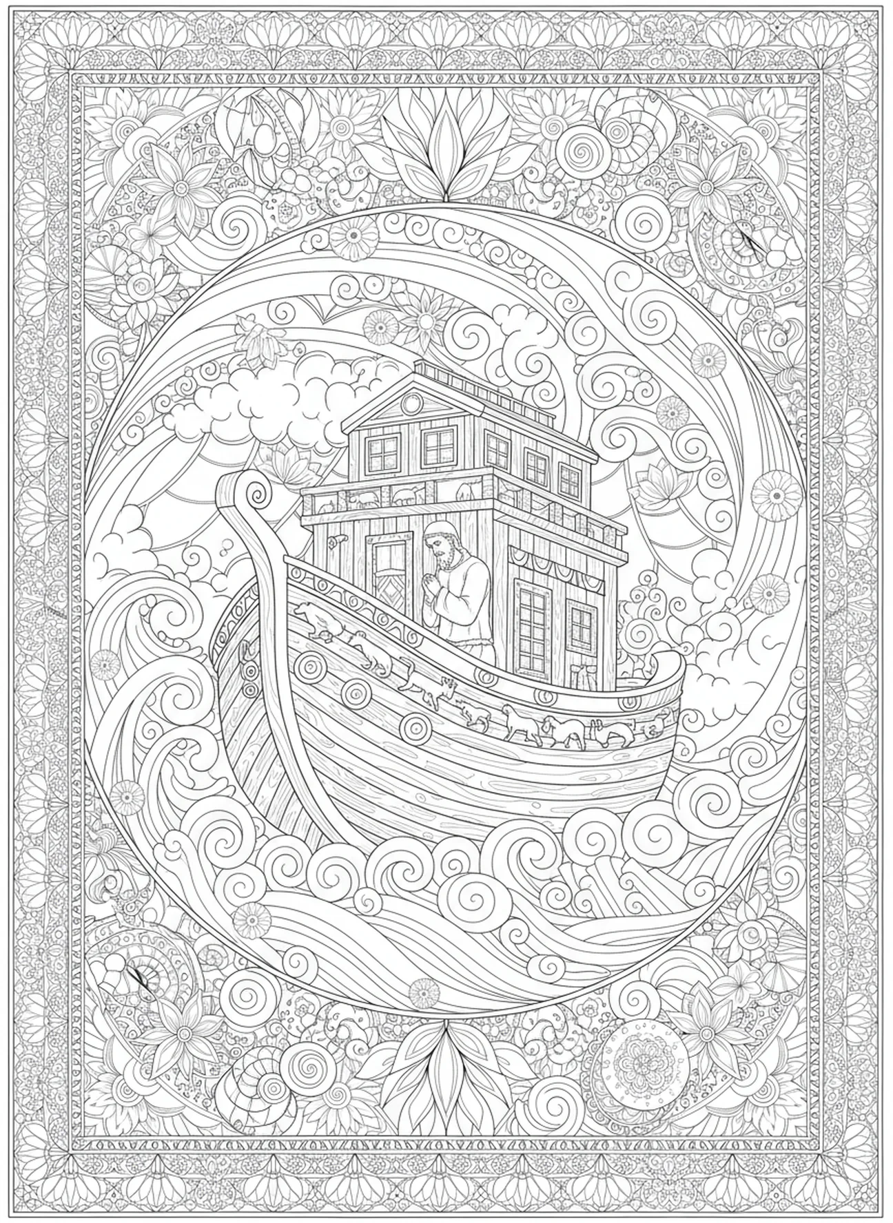 Noé priant sur l'arche, page à colorier Psaume 119:105 pour adultes dans un style de journal biblique
