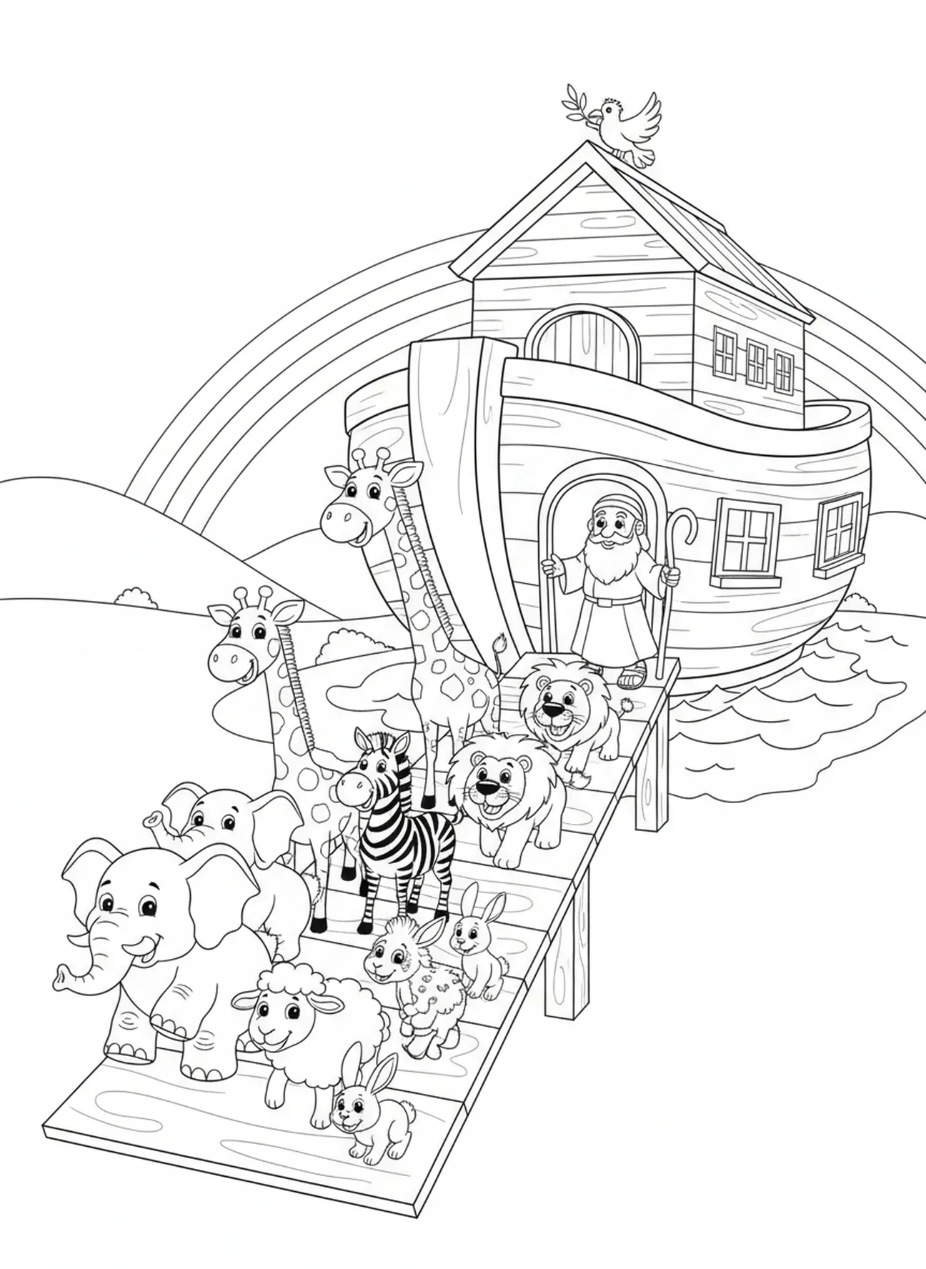 Tierpaare steigen in die Arche, Psalm 119, 105 Ausmalbild für Kinder im Alter von 5-10 Jahren