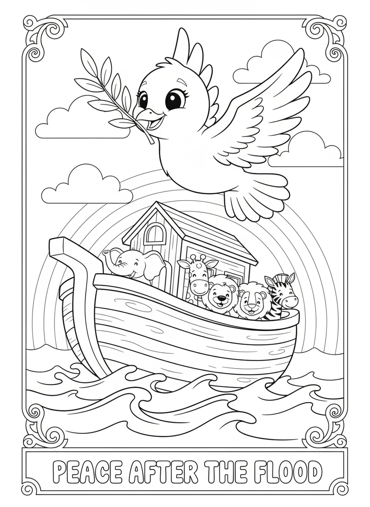 Taube fliegt mit Olivenzweig, Psalm 119, 105 Ausmalbild für Kinder im Alter von 5-10 Jahren