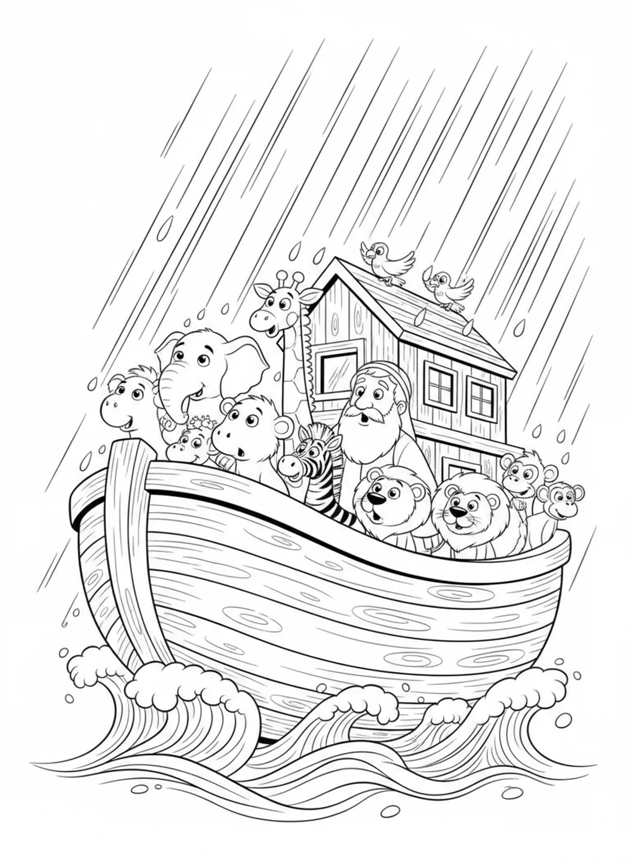 Noah und Tiere im Regen, Psalm 119, 105 Malvorlage für Kinder im Alter von 5-10 Jahren
