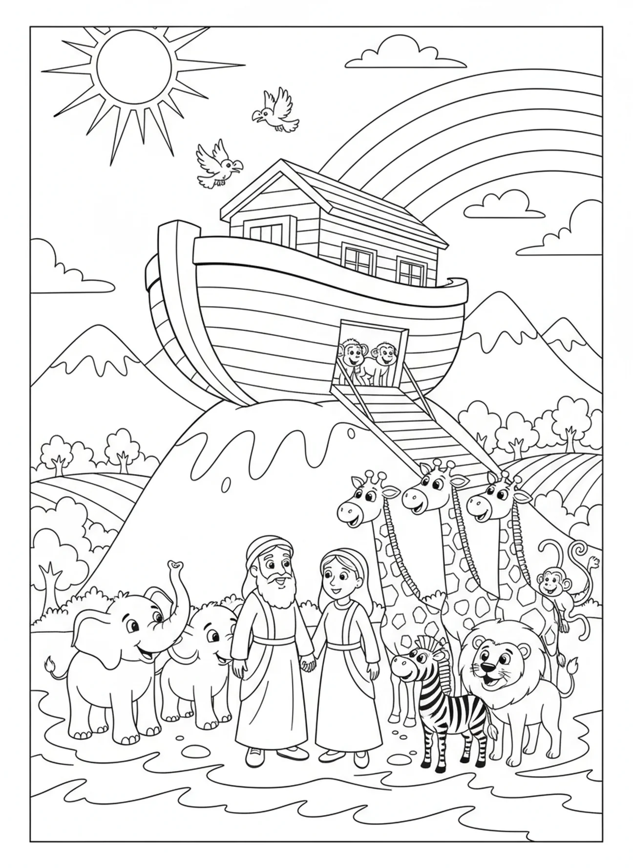 Noah und die Tiere entdecken neues Land, Psalm 119, 105 Ausmalbild für Kinder im Alter von 5-10 Jahren