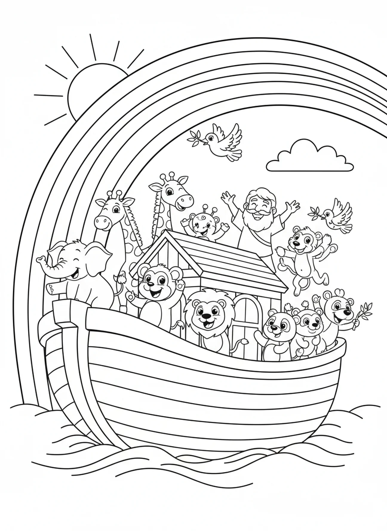 Bunter Regenbogen über der Arche, Psalm 119, 105 Malvorlage für Kinder im Alter von 5-10 Jahren