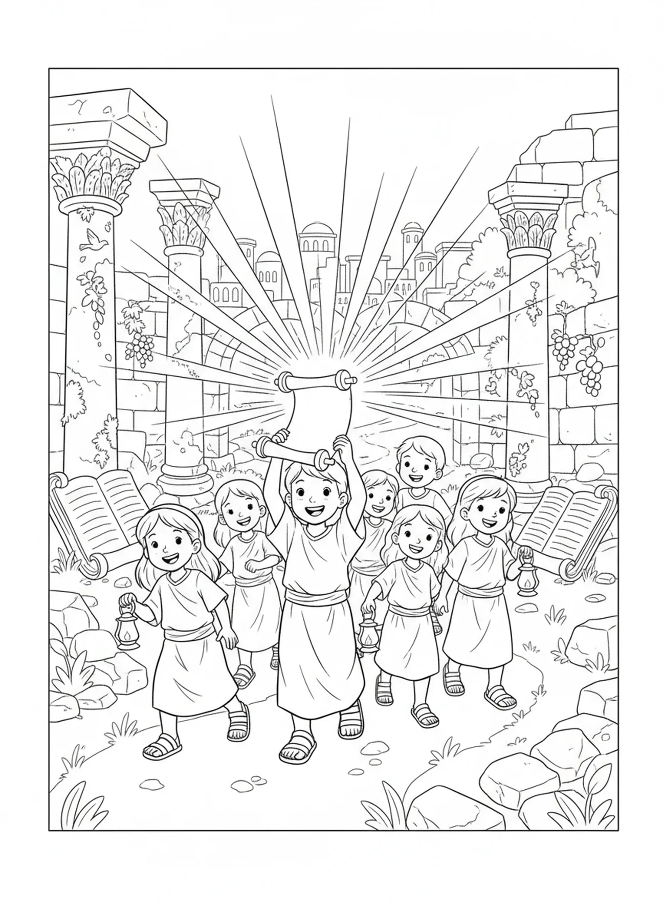 Niños siguiendo la luz, Salmo 119:105 página para colorear para niños de Escuela Dominical de 5 a 12 años.