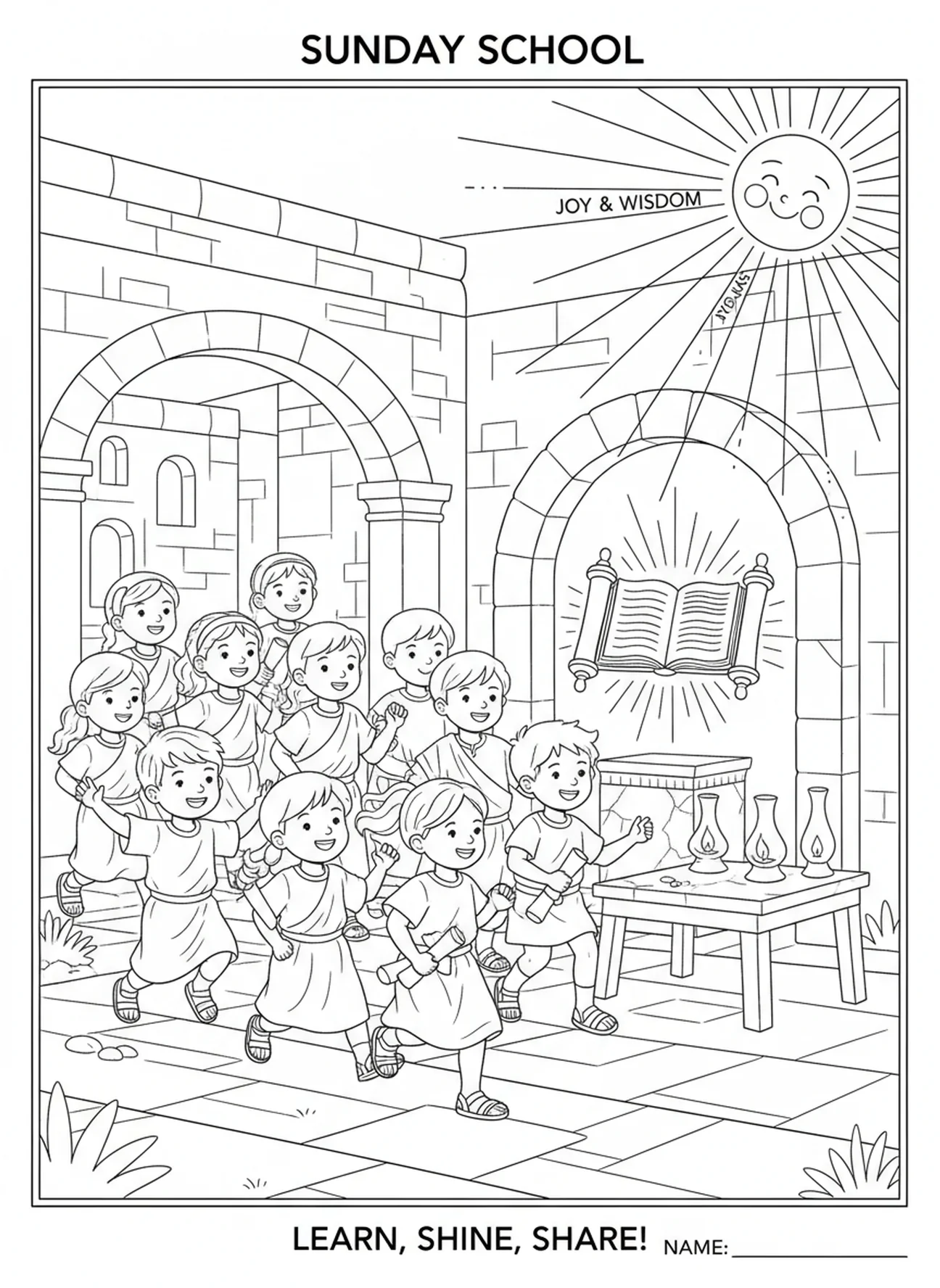 Niños alegres saliendo, página para colorear Salmo 119:105 para niños de Escuela Dominical de 5 a 12 años.