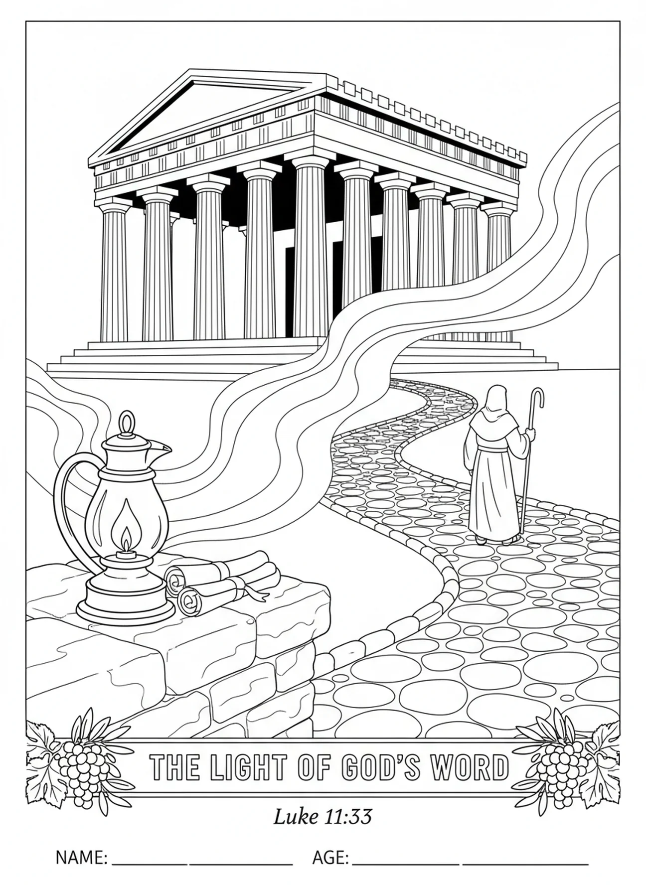 Lámpara de aceite iluminando el camino, Salmo 119:105 página para colorear para niños de la Escuela Dominical de 5 a 12 años.