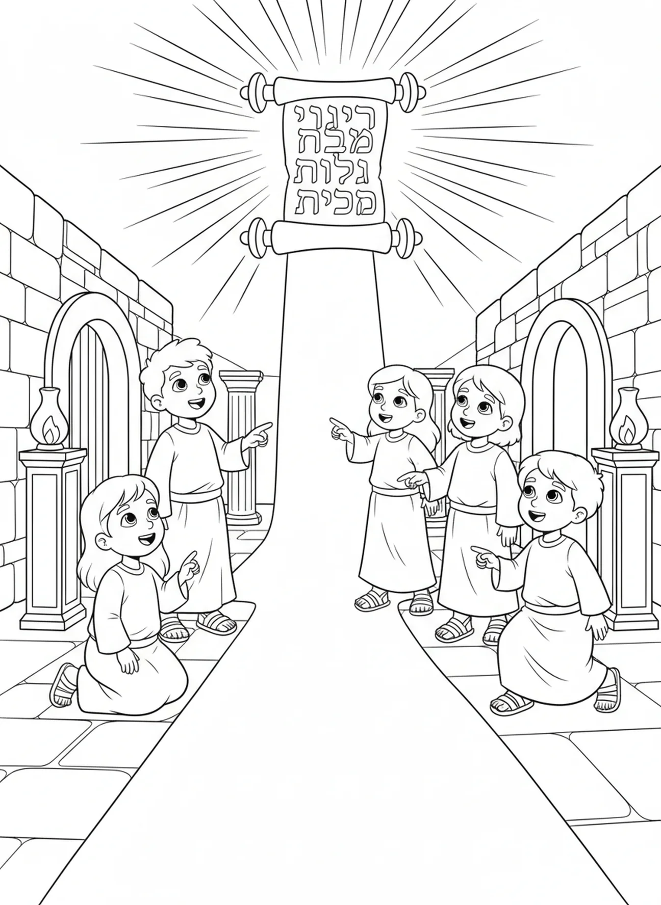 Pergamino que emite luz, página para colorear Salmo 119:105 para niños de Escuela Dominical de 5 a 12 años.