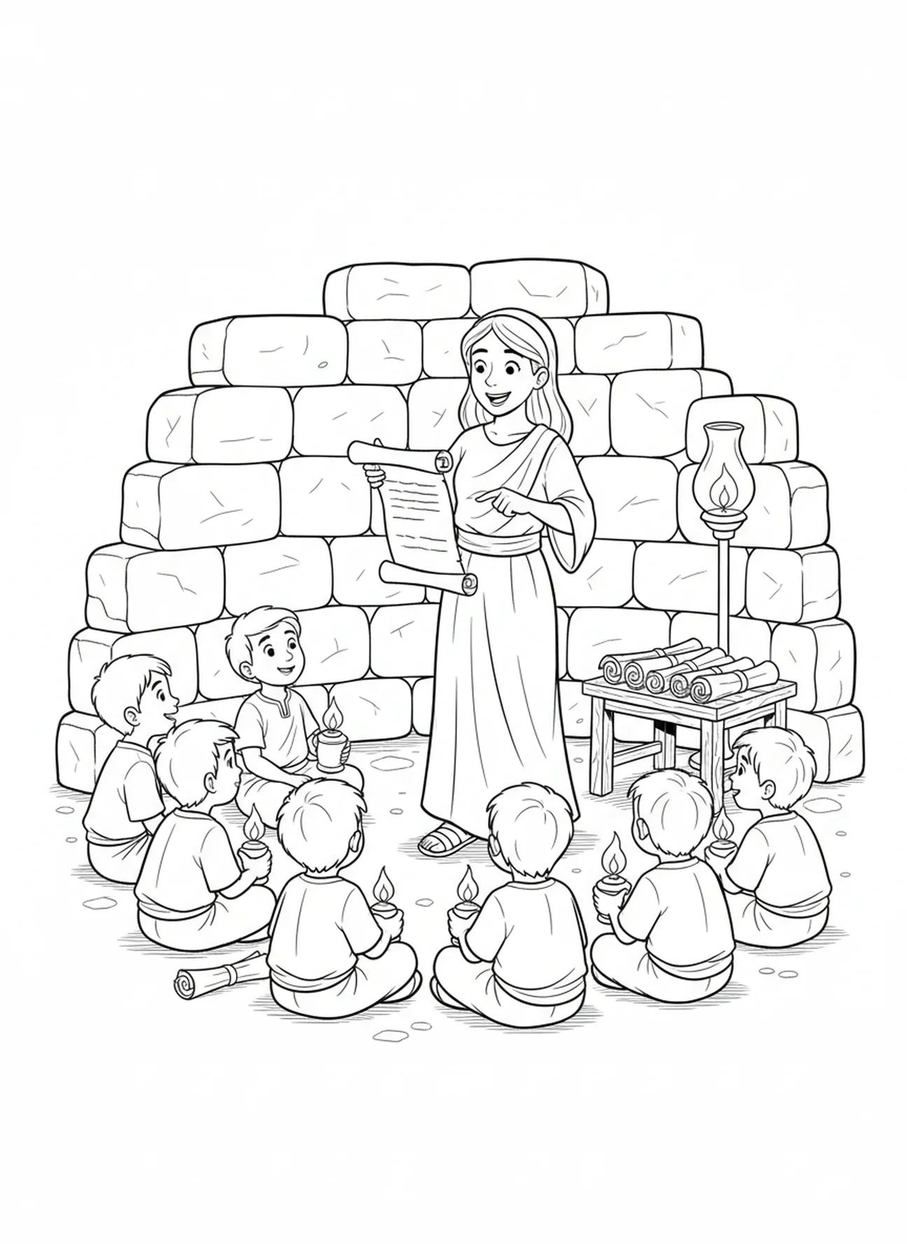 Maestro explicando el rollo, página para colorear Salmo 119:105 para niños de Escuela Dominical de 5 a 12 años.