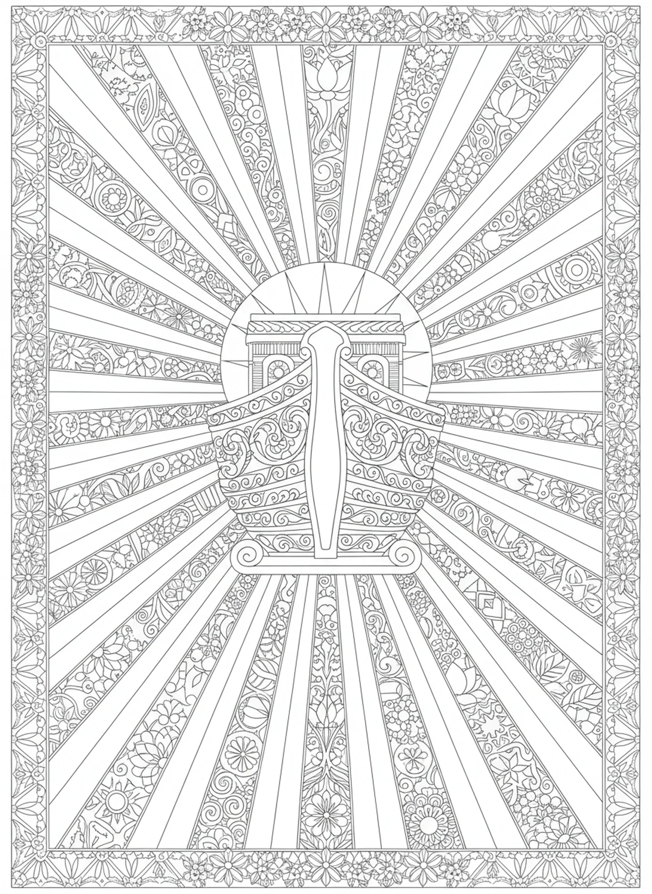 Sonnenaufgang hinter der kunstvollen Arche, Psalm 121 Hilfe kommt Ausmalbild für Erwachsene im Bibel-Journaling-Stil