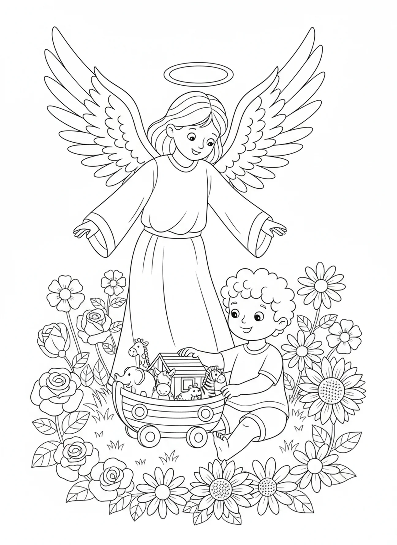 Ángel cuidando a un niño con un arca de juguete, página para colorear Salmo 121 Ayuda Viene para niños de 5 a 10 años