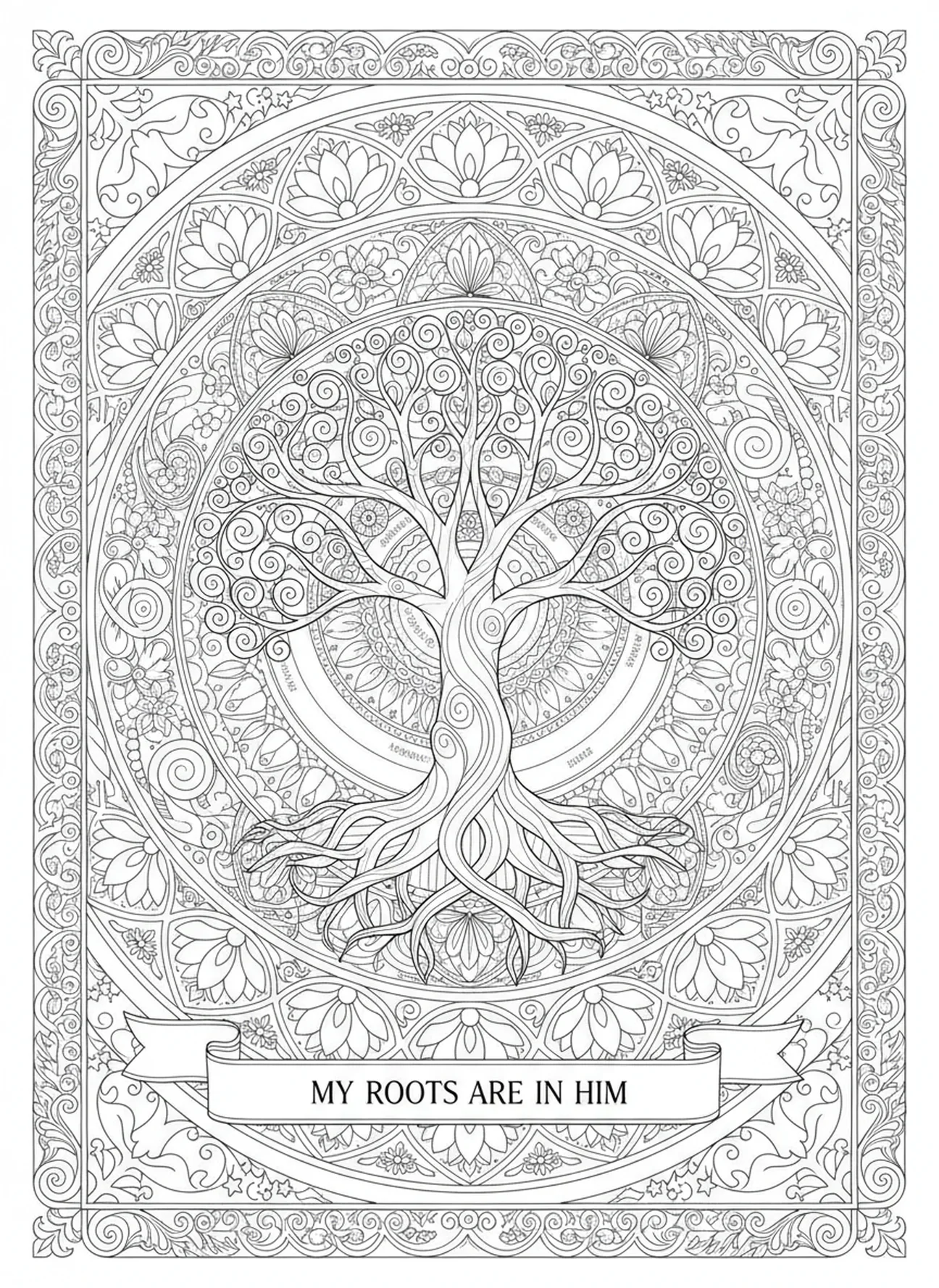 Árvore da vida majestosa, Salmo 121 Levante os Olhos página de colorir para adultos estilo de journaling bíblico.