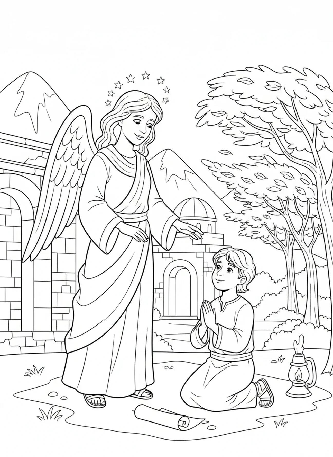 Un ange apparaissant à côté d'un enfant, page à colorier Psaume 121 Élever les Yeux pour les enfants de l'École du dimanche âgés de 5 à 12 ans.