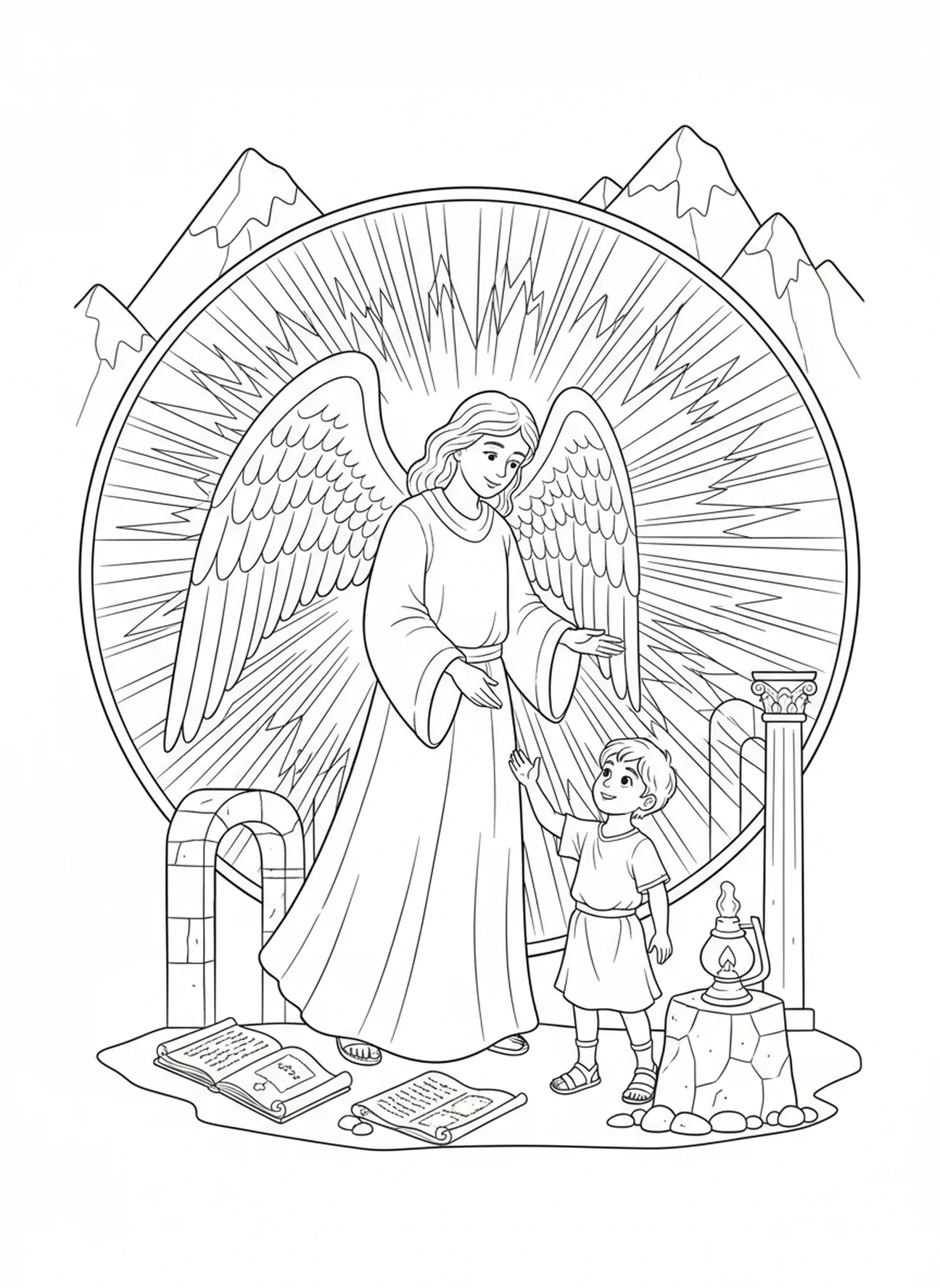 Ange protégeant un enfant, coloriage Psaume 121 Élever les Yeux pour les enfants de l'École du dimanche âgés de 5 à 12 ans.