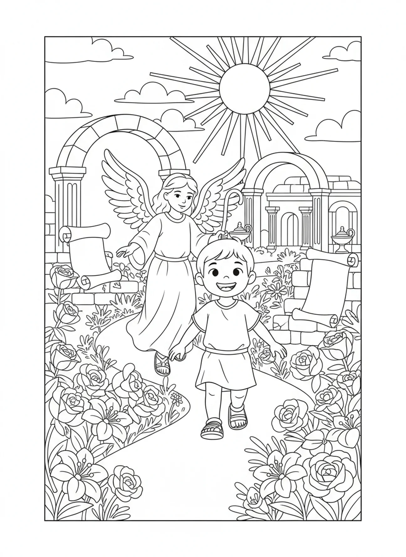 Enfant marchant avec un ange, page à colorier Psaume 121 Élever les yeux pour les enfants de l'École du dimanche âgés de 5 à 12 ans.