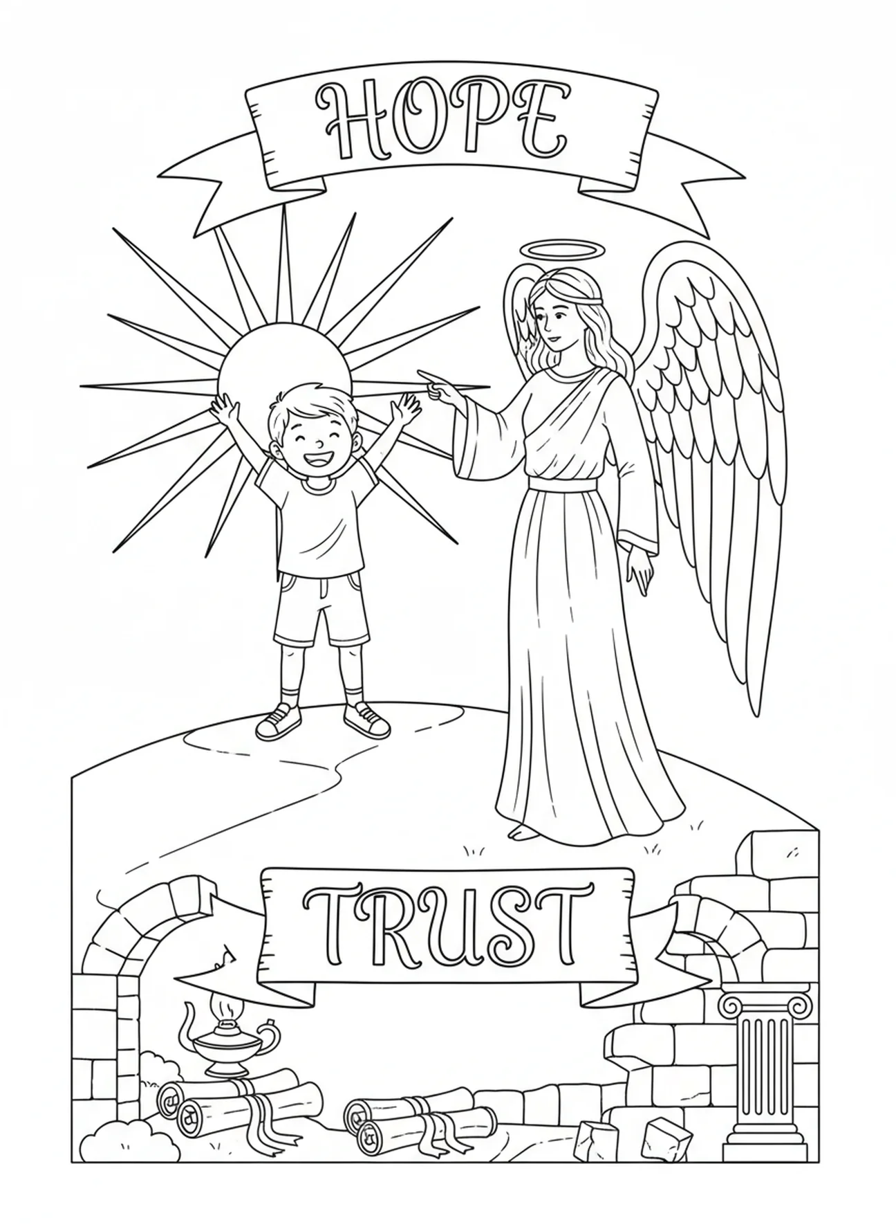 Enfant atteignant le sommet d'une colline avec un ange, coloriage Psaume 121 Élever les Yeux pour les enfants de l'École du dimanche âgés de 5 à 12 ans.