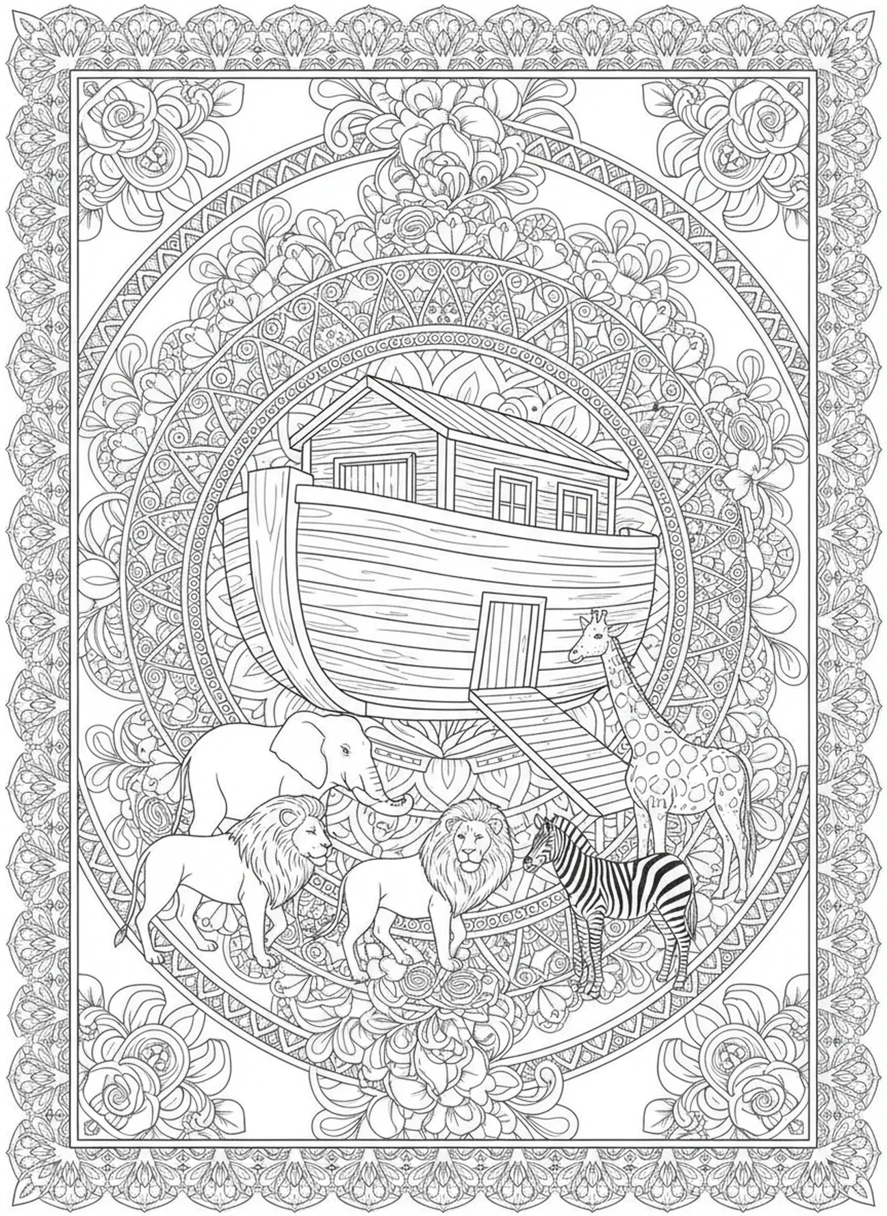 Casais de animais se aproximando da arca, página de colorir Salmo 139:13 para adultos no estilo de journaling bíblico.