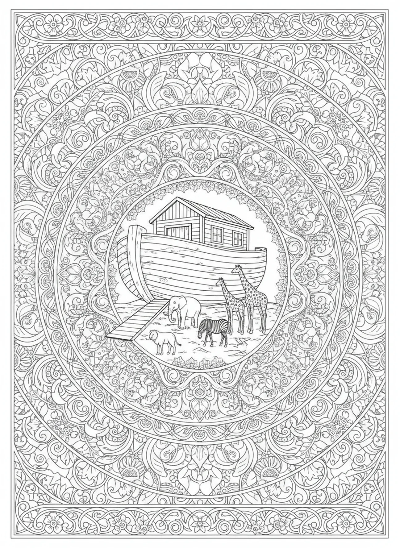 Animais saindo da arca, página para colorir Salmo 139:13 no estilo de journaling bíblico para adultos.