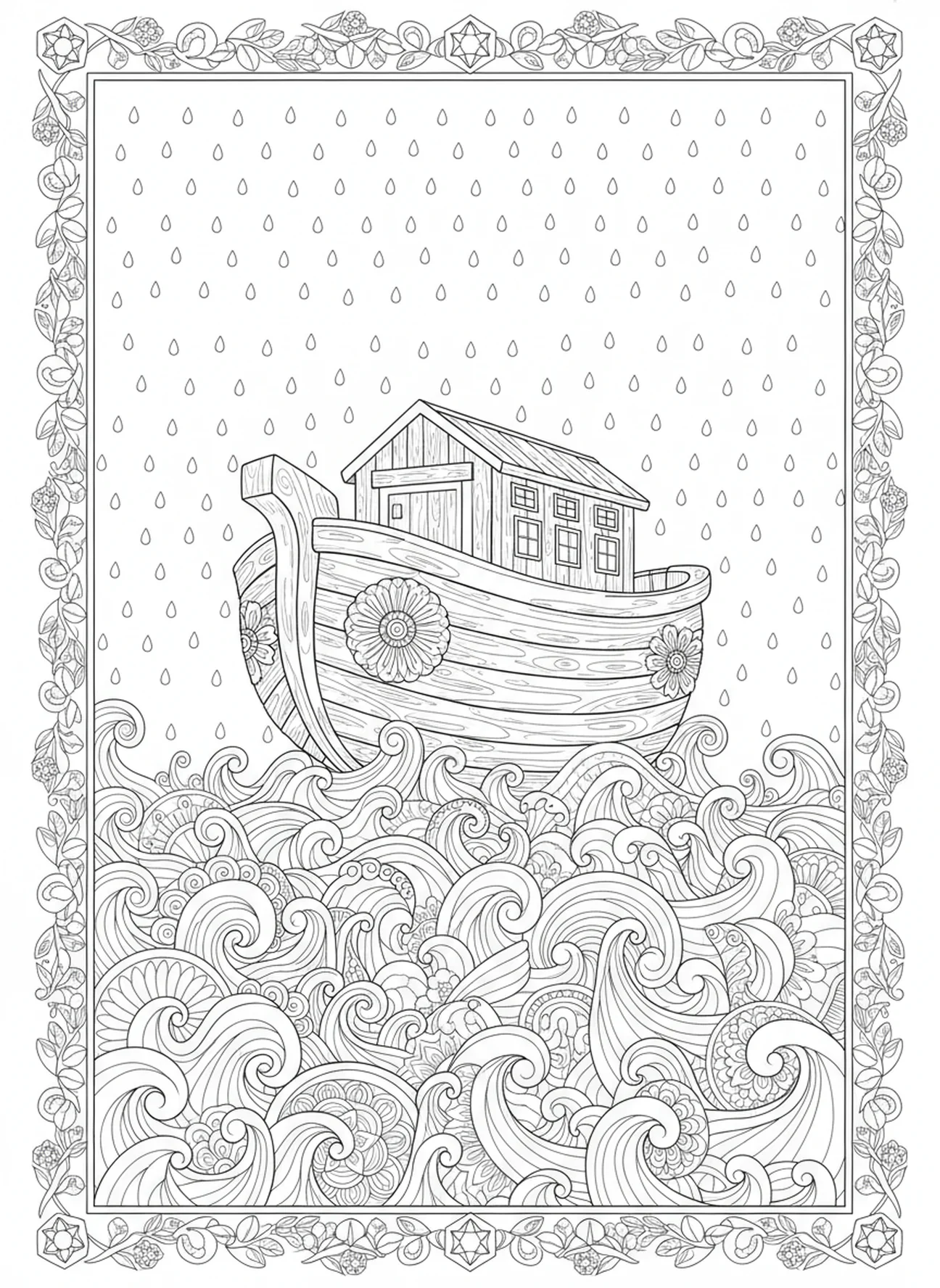 Arca flutuando sobre as águas da inundação, página para colorir Salmo 139:13 no estilo de journaling bíblico para adultos.