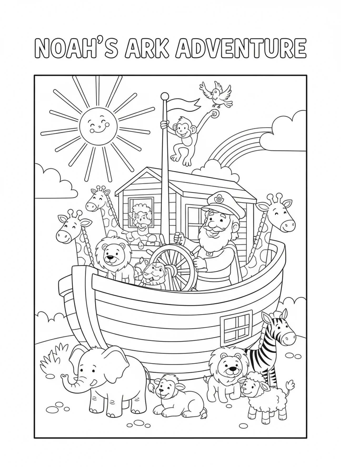 Noach aan het roer van de ark, Psalm 139:13 kleurplaat voor kinderen van 5-10 jaar.